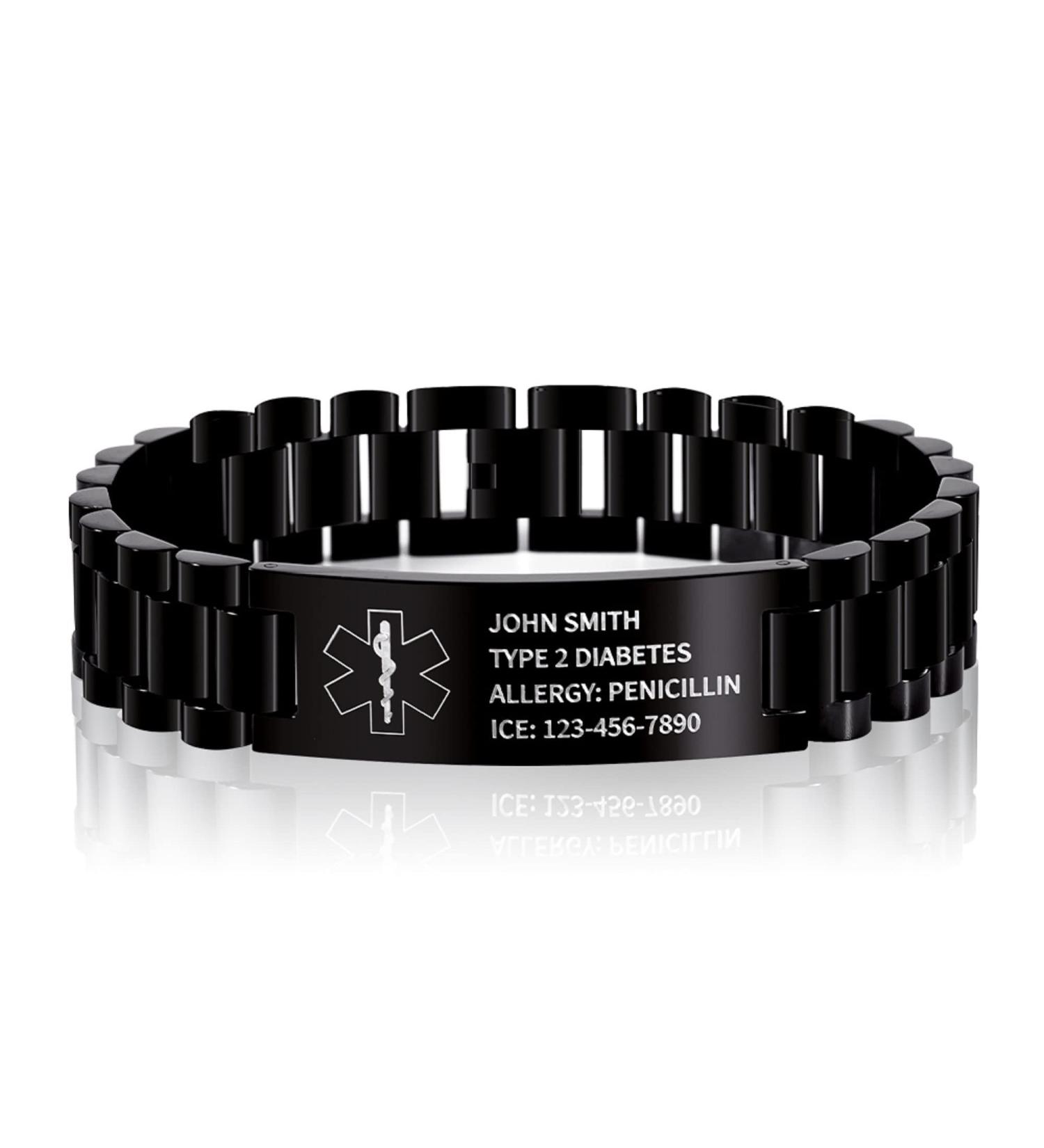 Free Engraved Medical Alert Bracelet | Personalized Stainless Steel Emergency ID Wristband for Men Husband & Father - Buy Online on GoSupps.com