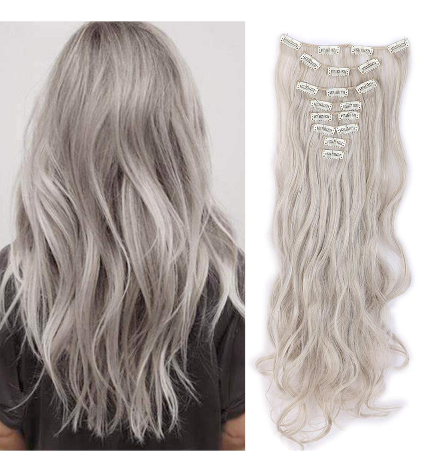 Silk-co Long Curly Wavy Hairpiece Extensions - 24 Inch Blond&Silver Grey - 8 Pcs Full Head, Heat Resistant Synthetic, 18 Clips - Clip in Hair Extension - Buy Online on GoSupps.com