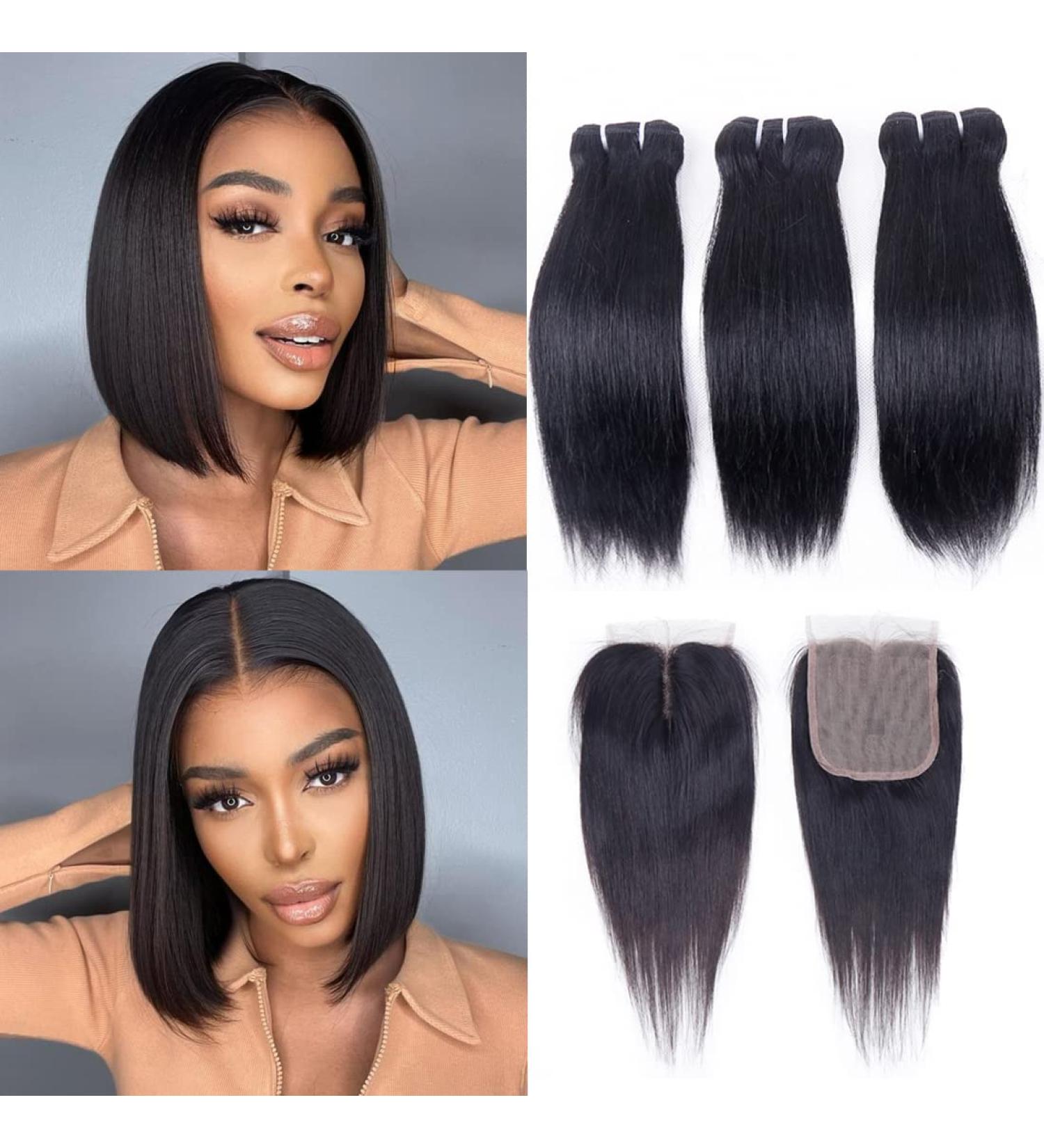 Brazilian Straight Human Hair Bundles with T Part Closure - 10A Unprocessed Virgin Short Bob Hair Bundles with Hand-Tied Lace Closure 10 10 10+10 - Buy Online on GoSupps.com