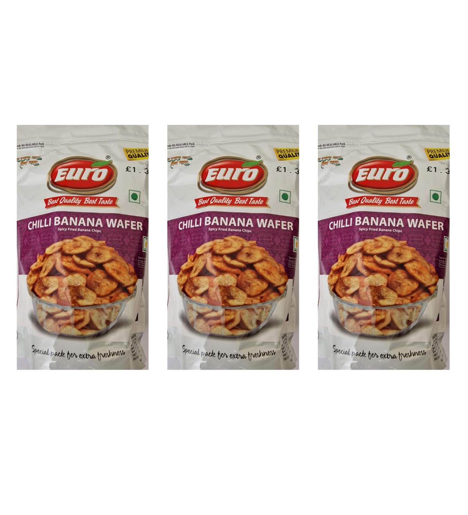 Euro Banana Wafers Chilli 125g - Mouth Watering Deep Fried Authentic Namkeen Savoury Snack (Pack of 3)