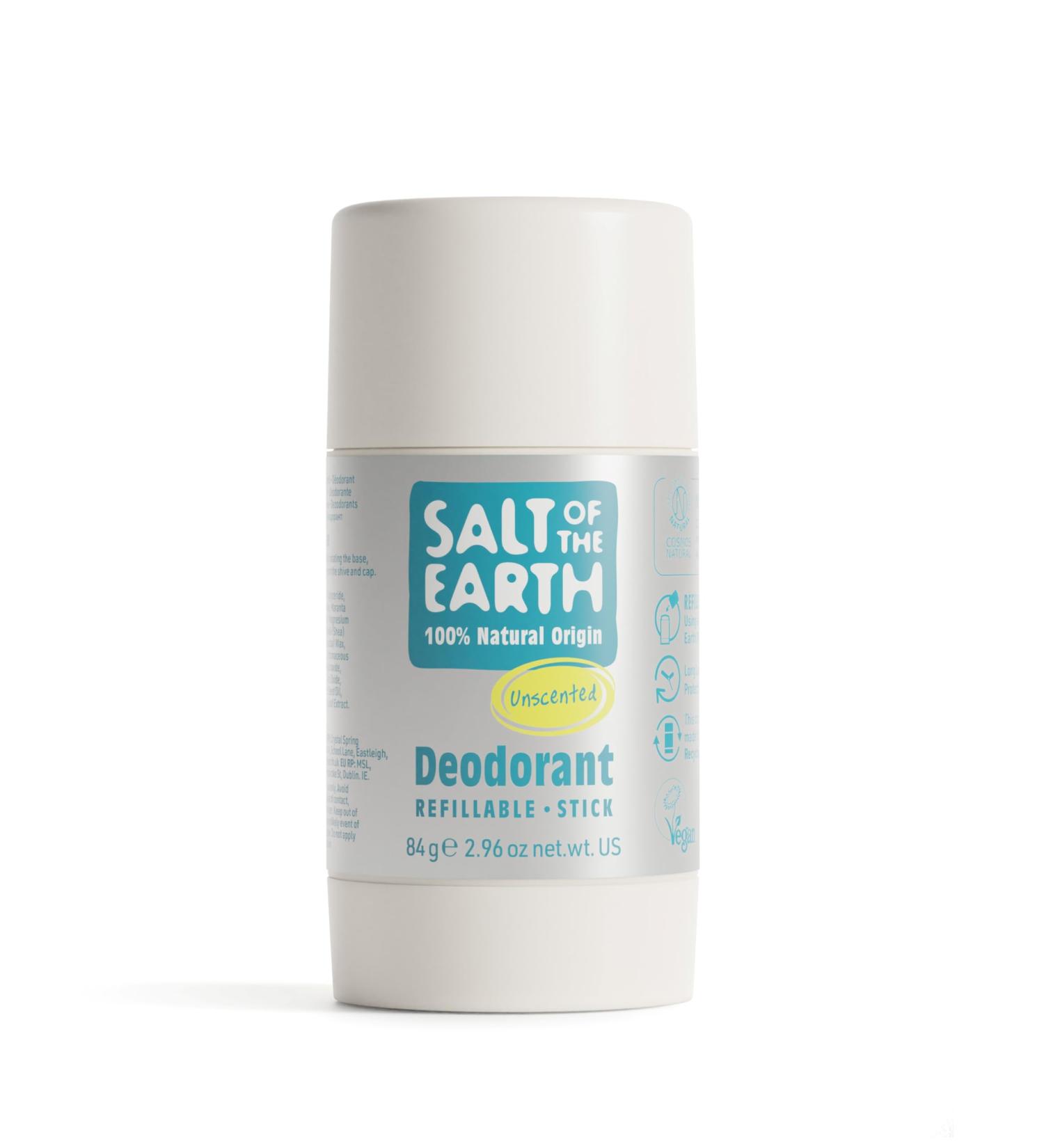 Salt Of the Earth Natural Unscented Deodorant Stick - Aluminium Free Vegan Long Lasting Protection Refillable Leaping Bunny Approved - Made in the UK - 84g - Buy Online on GoSupps.com