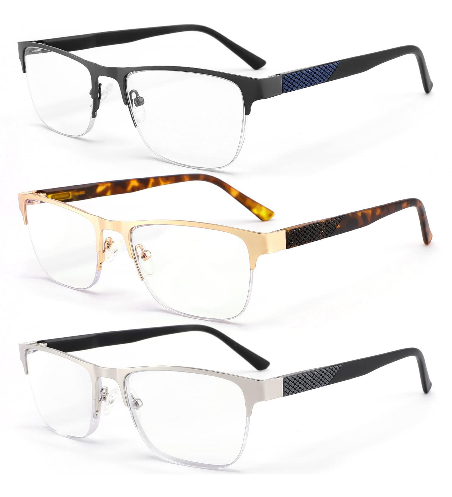 Blue Light Blocking Reading Glasses for Men - Fashion Metal Half Frame Anti-Glare UV Protection Flexible Spring Hinge - 3-Pack +2.0 Magnification - Buy Online on GoSupps.com