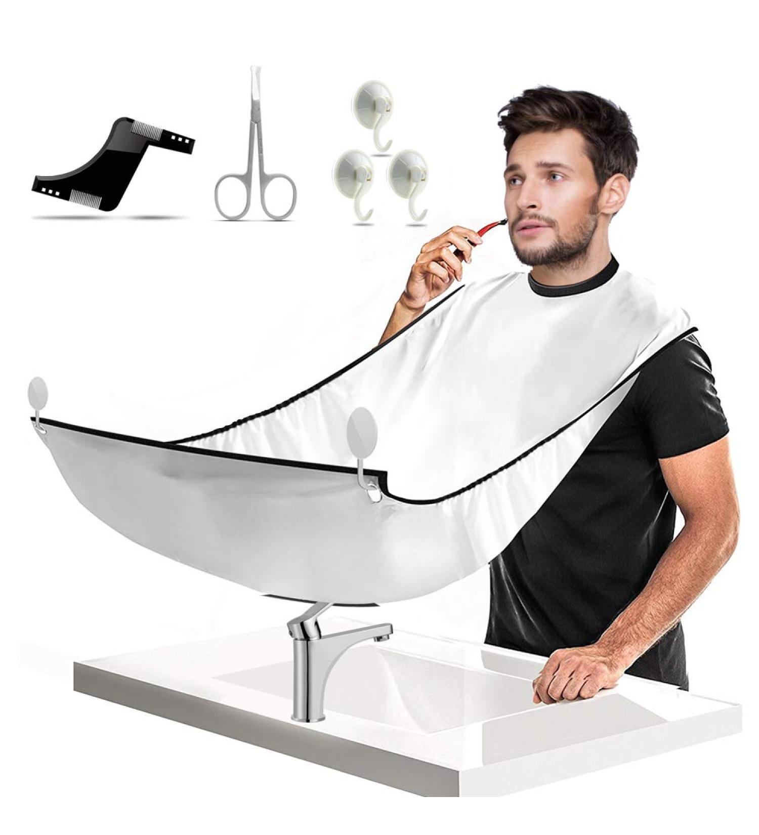 Adjustable Beard Shaving Apron with Suction Cups - White Beard Bib for Men - Buy Online on GoSupps.com