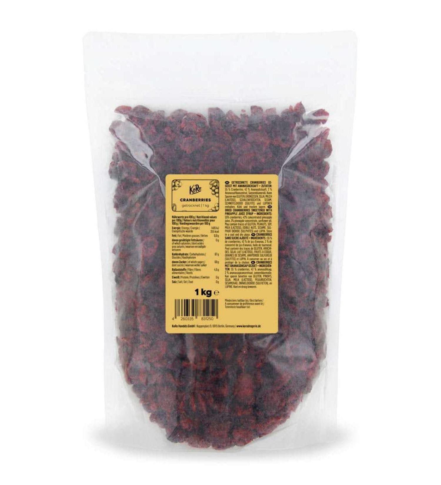 KoRo - Dried cranberries without added sugar 1kg - Natural sweetened with pineapple juice - Buy Online on GoSupps.com
