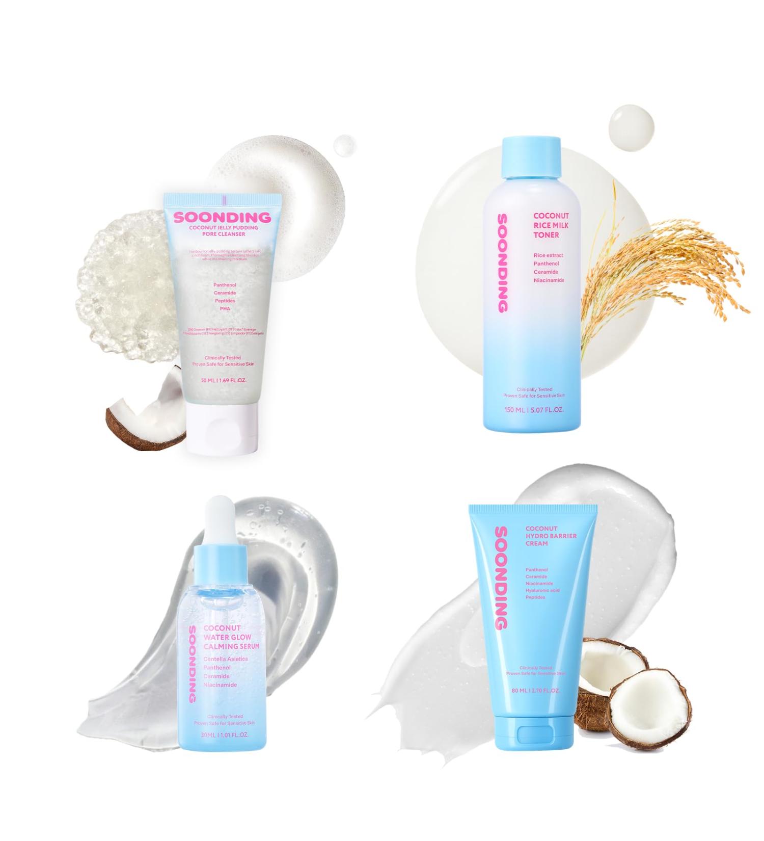 4 Step Coconut Glass Skin Full Korean Skincare Set Coconut Jelly Pudding Pore Cleanser Rice Milk Toner Water Glow Calming Serum Barrier Cream Full Set - Buy Online on GoSupps.com