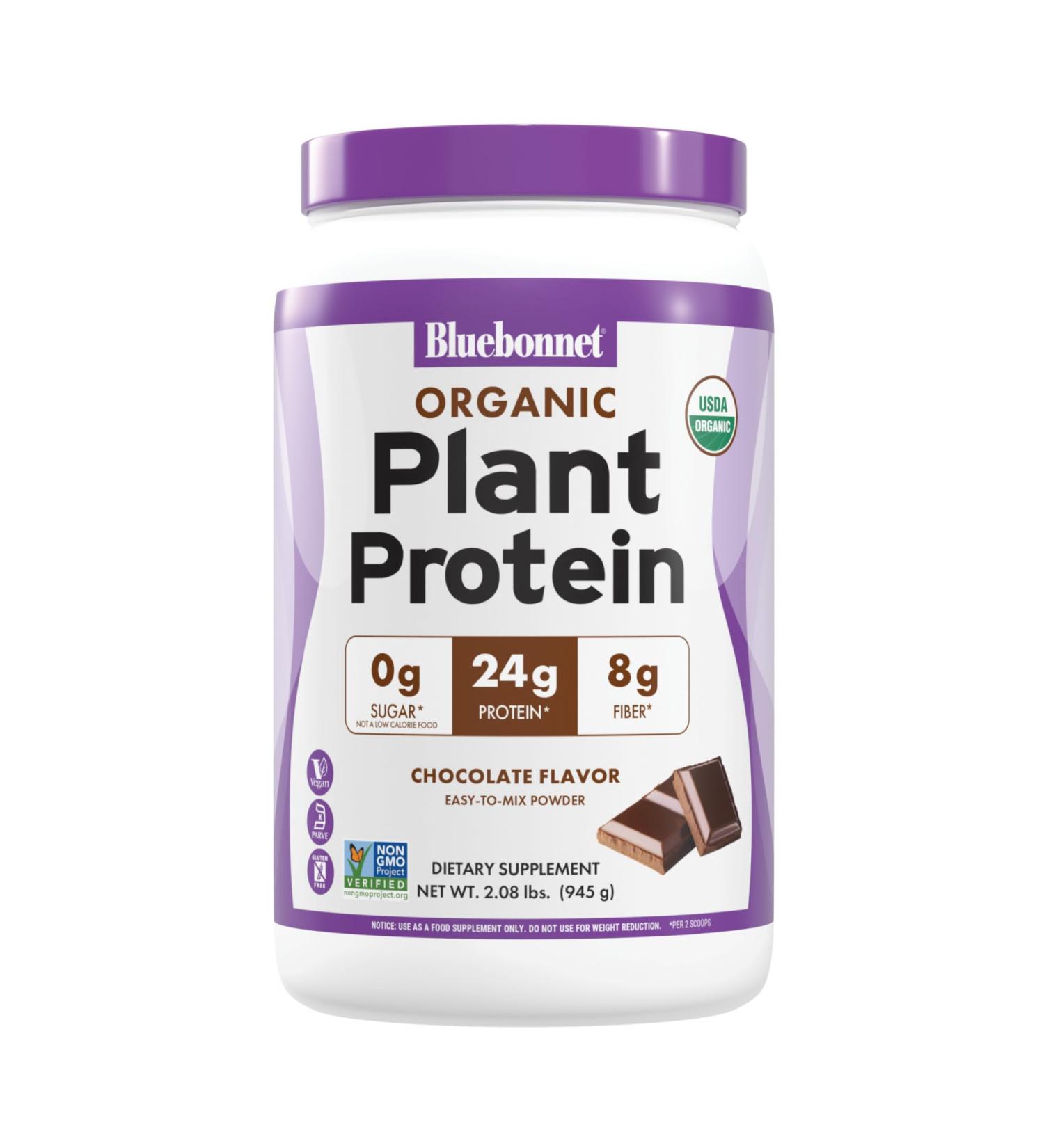 BlueBonnet Nutrition Organic Plant Protein Powder, 24g Plant Based Protein, Zero Sugar, 8g Prebiotic Fiber, USDA Organic, Non-GMO, Kosher, Gluten-Free, Soy-Free, Vegan, Chocolate Flavor, 19 Servings - Buy Online on GoSupps.com