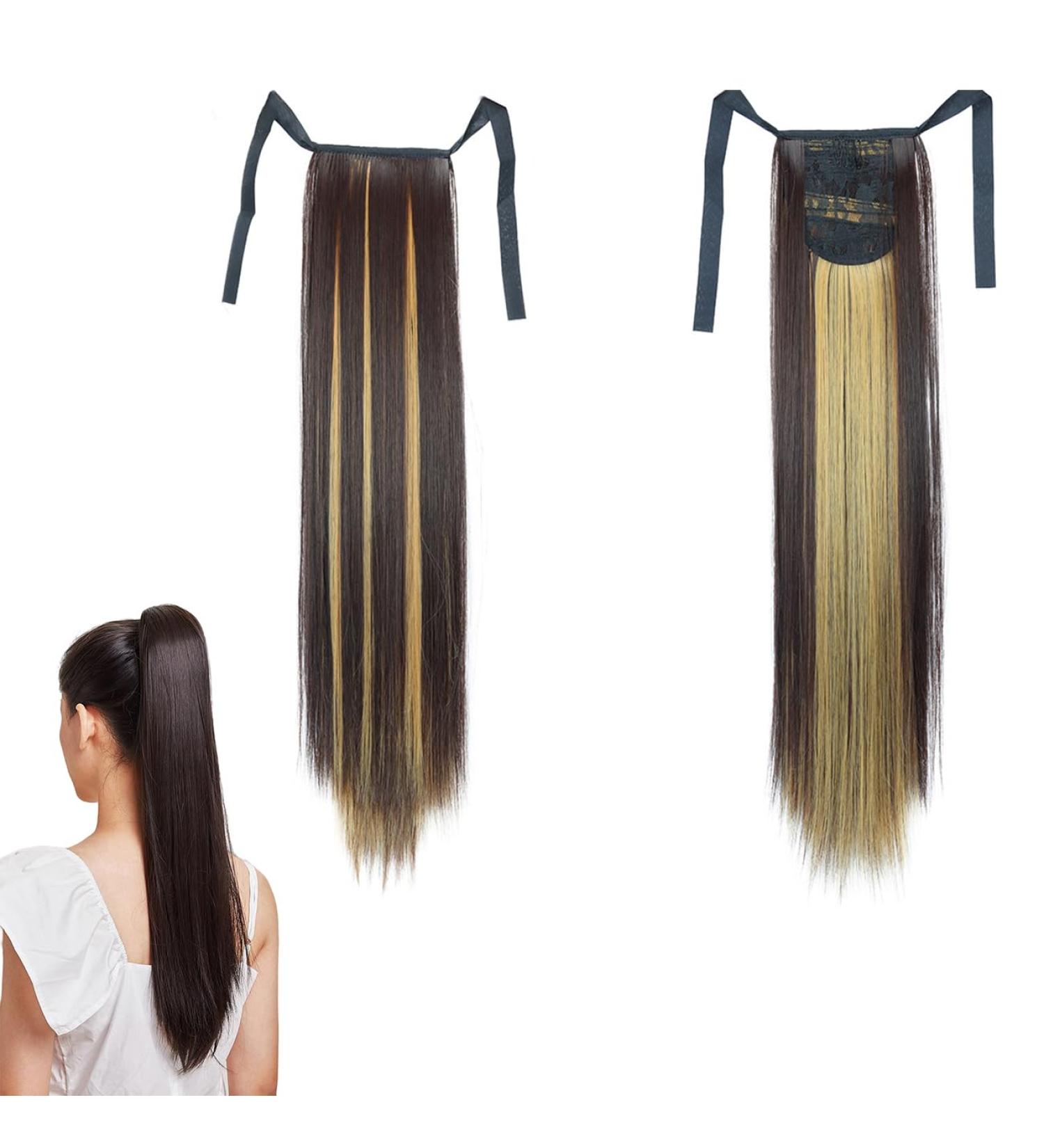 PrinFantasy Long Drawstring Clip In Ponytail Hair Extensions - Ombre Dark Brown Mix Blonde 22 inch - Buy Online on GoSupps.com