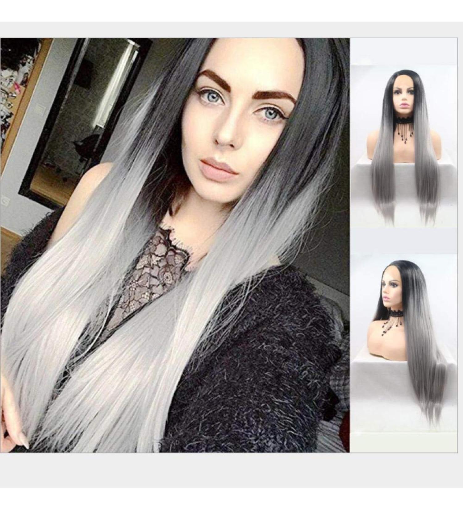 BGHJUE Long Natural Synthetic Wig for Women - Gray Gradient Highlight Breathable Wig Cap High Temperature Fiber Side Parting - Buy Online on GoSupps.com