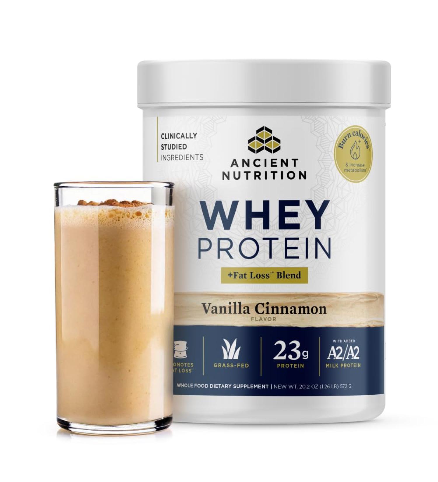 Ancient Nutrition Grass Fed Whey Protein + Fat Loss Blend Vanilla Cinnamon 23g Protein Promotes Fat Loss and Boost Metabolism Organic Regenerative A2/A2 Milk Protein 18 Servings - Buy Online on GoSupps.com