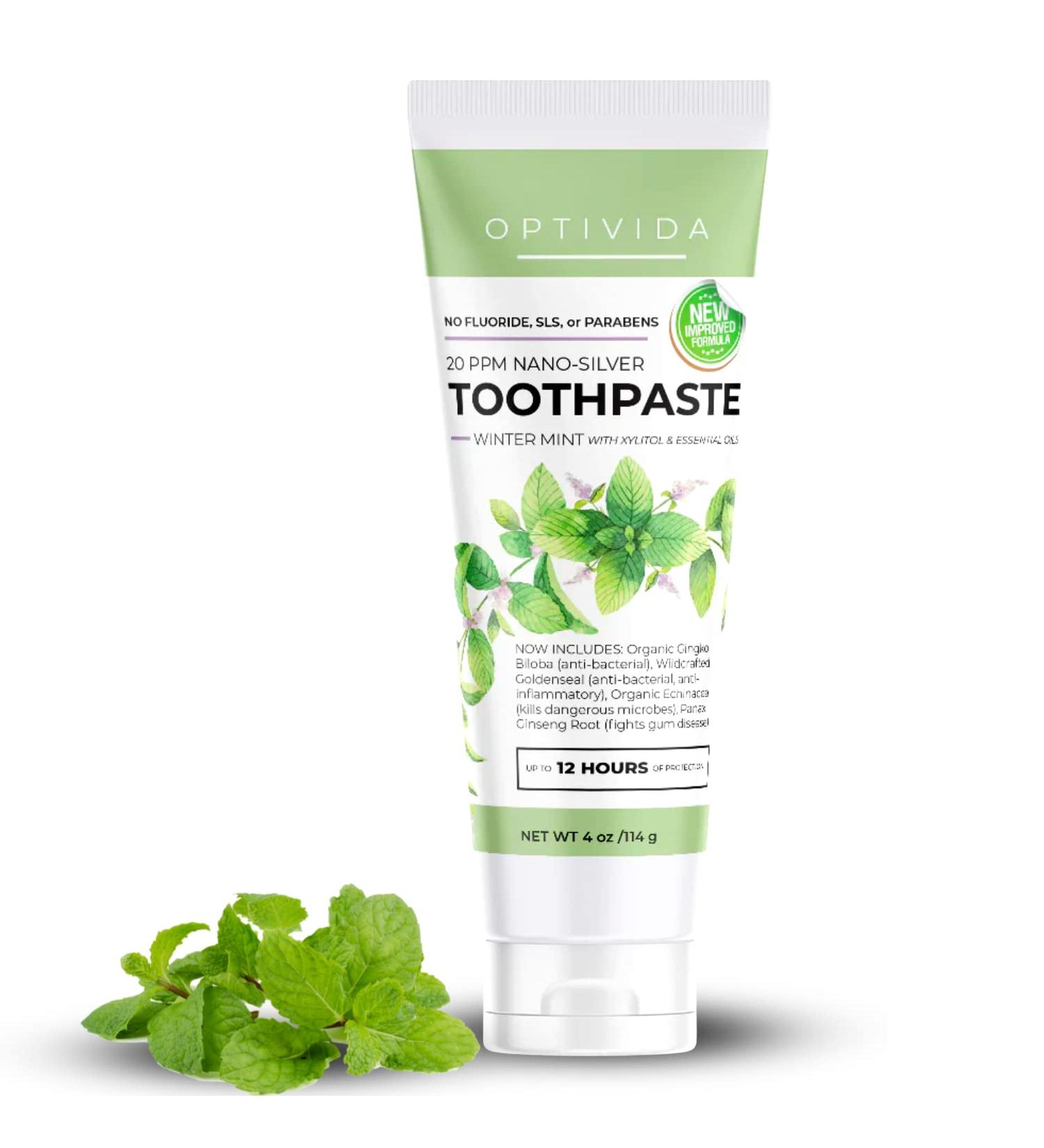 Optivida Colloidal Silver Infused Coral Toothpaste with Calcium, Xylitol, and Peppermint | 20 ppm Nano Proven Ingredients for Healthy Gums | Fluoride Free | Glacial Mint & Winter Mint 4 oz - Buy Online on GoSupps.com