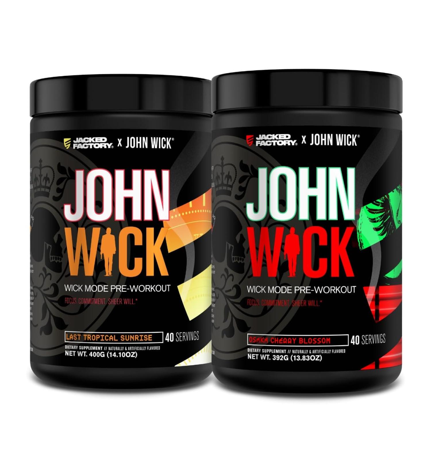 Jacked Factory X John Wick - Wick Mode Pre Workout Powder - Intense Energy Battle-Ready Focus Unstoppable Commitment and Sheer Will - Last Tropical Sunrise & Osaka Cherry Blossom (80 Servings) - Buy Online on GoSupps.com