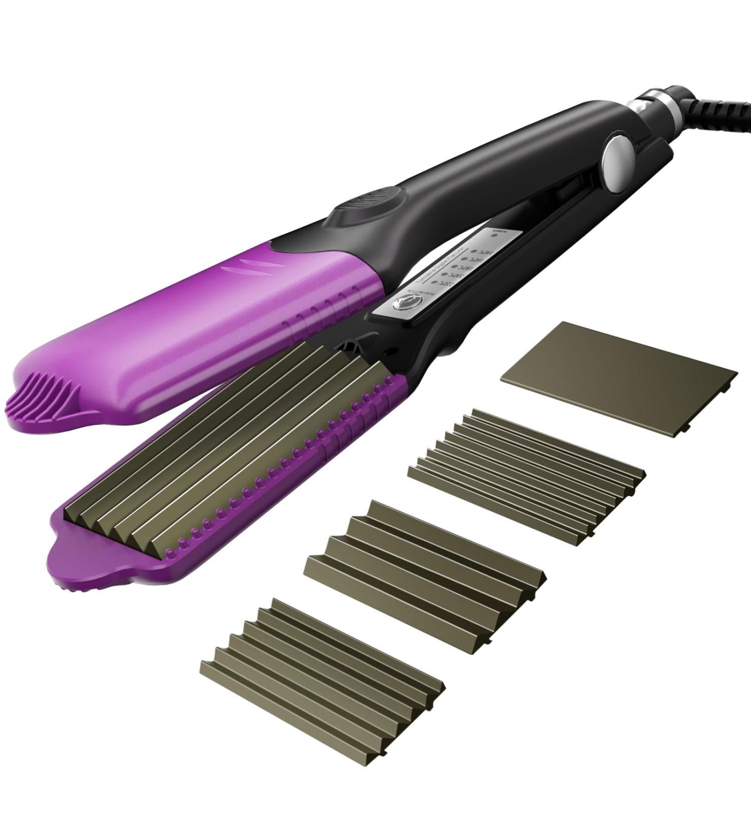 HCAH Hair Crimpers with 4 Interchangeable Plates - Adjustable Temperature Iron for Fluffy Hairstyle Waves | Purple - Buy Online on GoSupps.com