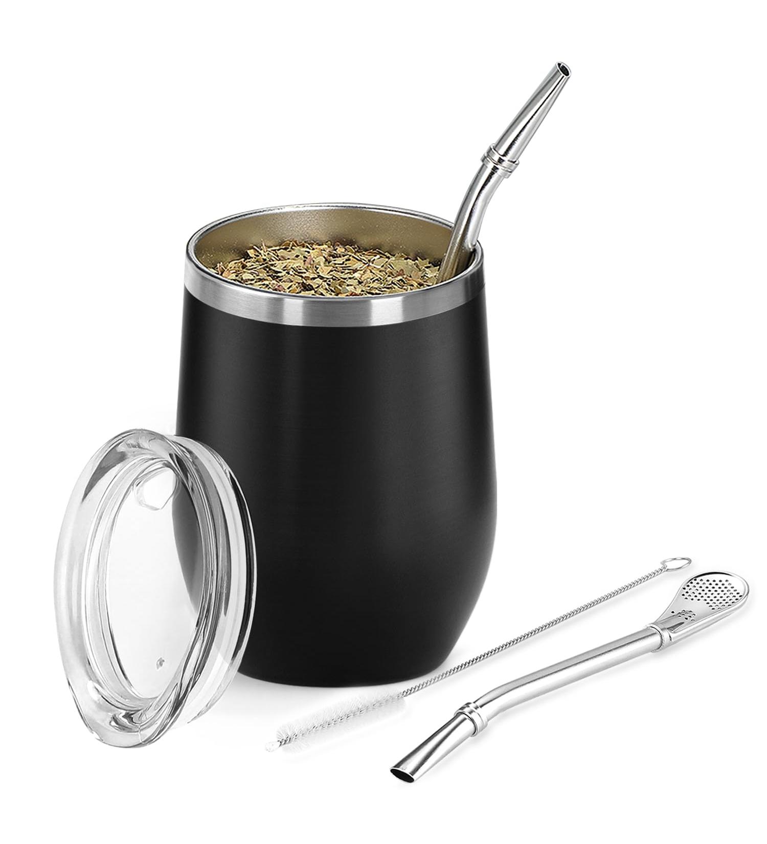 Telanks Mate Becher - 340ml Double-Walled Stainless Steel Yerba Mate Cup with Bombillas & Cleaning Brush | Black - Buy Online on GoSupps.com