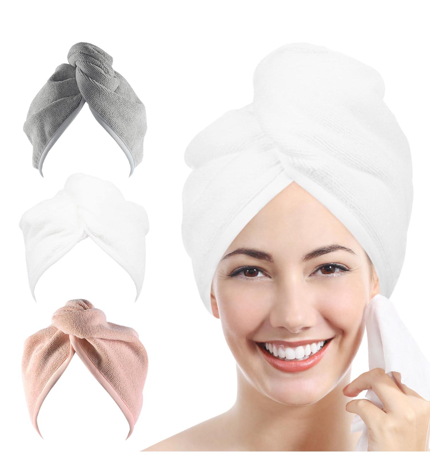 Ultra-Plush Microfiber Hair Towel Set for Women - 2 Pack Twist Turban Drying Cap in Purple Gray White & Peach - Perfect for Curly Long & Thick Hair - Buy Online on GoSupps.com