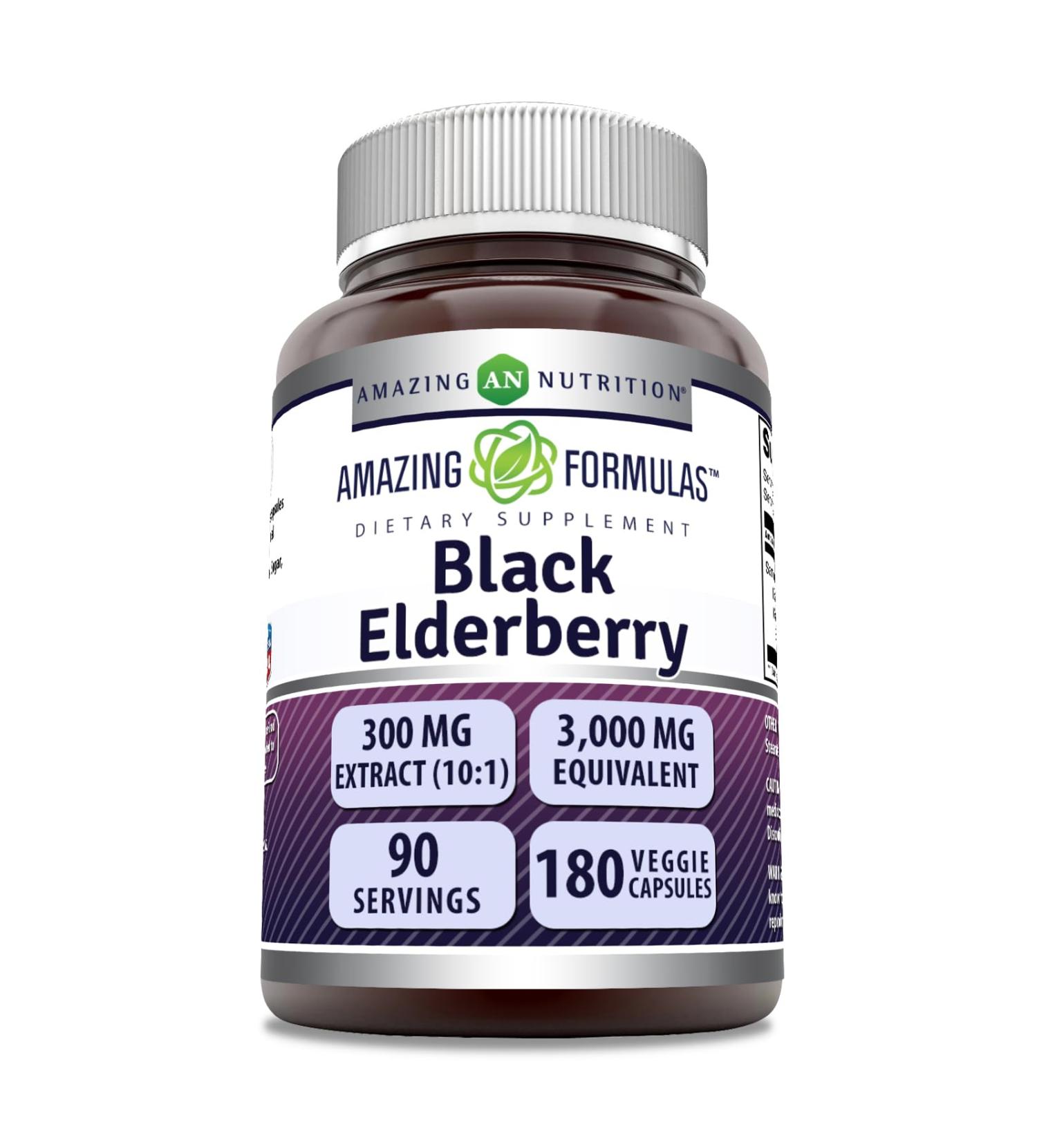 Amazing Formulas Sambucus Black Elderberry | 300 Mg Extract 10:1 (3000 Mg Equivalent) | Veggie Capsules | Non-GMO | Gluten-Free | Made in USA (180 Count 1 Pack) Unflavored 1 Count (Pack of 1) - Buy Online on GoSupps.com