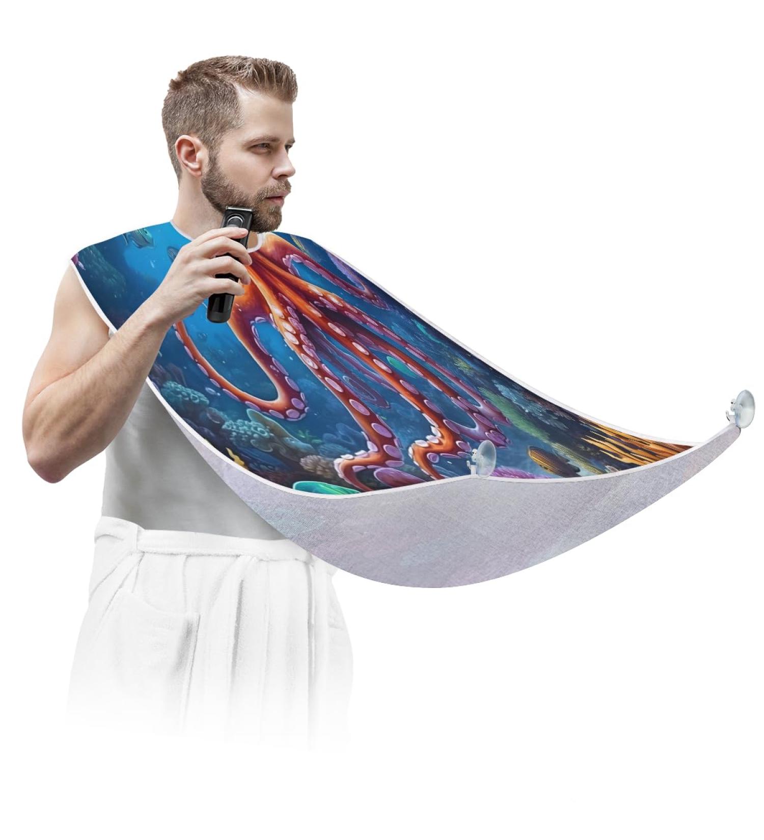 Ocean Big Octopus Beard Bib Apron | Beard Hair Catcher for Men | Perfect Father's Day & Christmas Gift for Dad & Husband | 2 Suction Cups - Buy Online on GoSupps.com