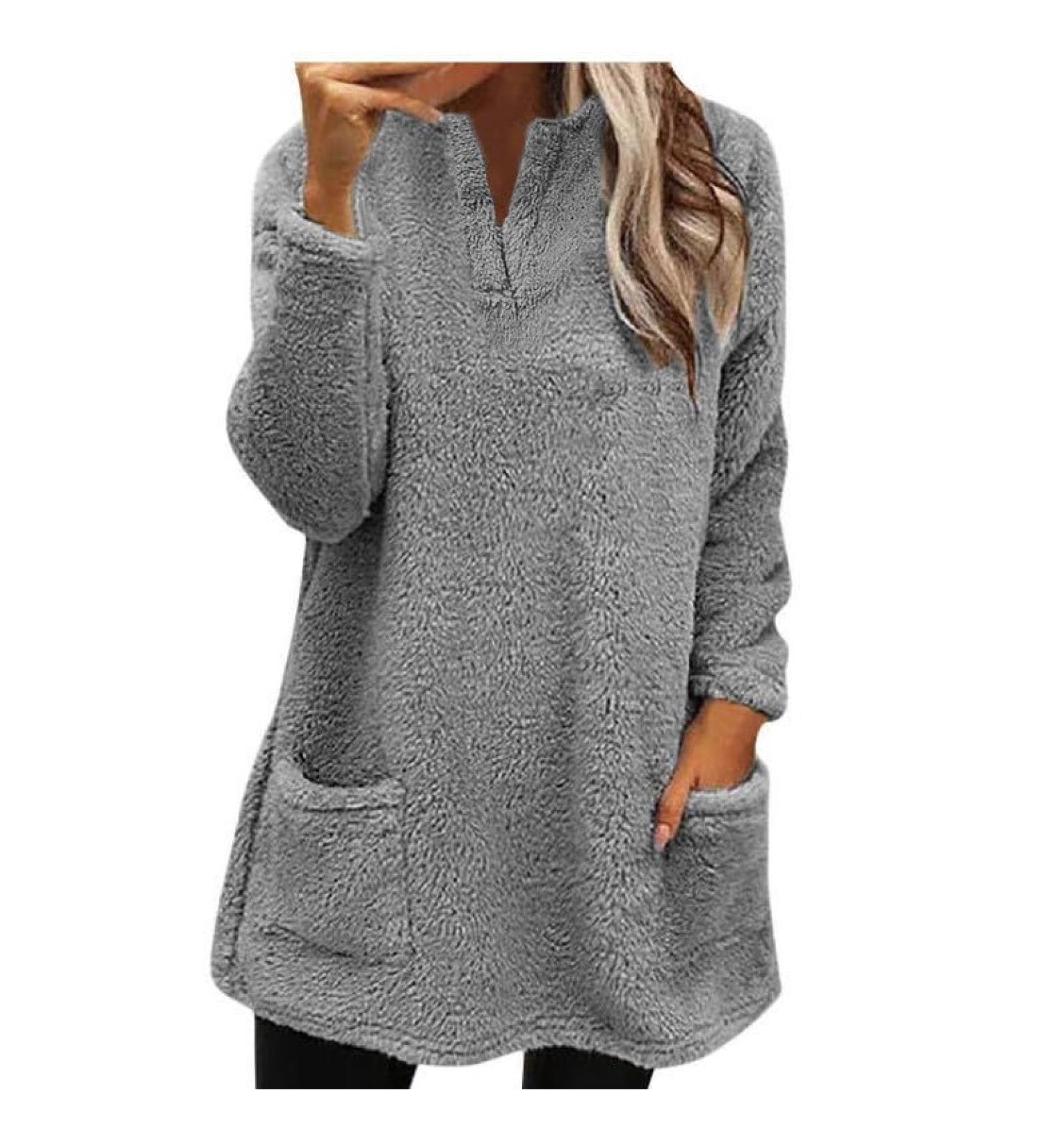 AMhomely Women's Plus Size Double Fleece Hooded Jumper - Soft Teddy Fleece, V Neck Sweatshirt with Pocket - 01 Grey XXL - Buy Online on GoSupps.com