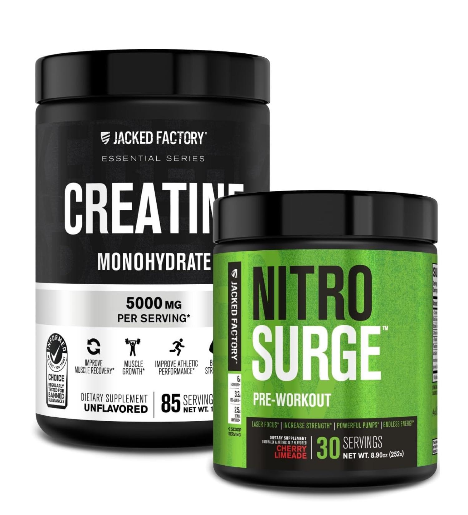 Jacked Factory Nitrosurge Pre-Workout & Creatine Monohydrate - Pre Workout Powder with Creatine for Muscle Growth Increased Strength Endless Energy - Cherry Limeade Preworkout & Unflavored Creatine - Buy Online on GoSupps.com