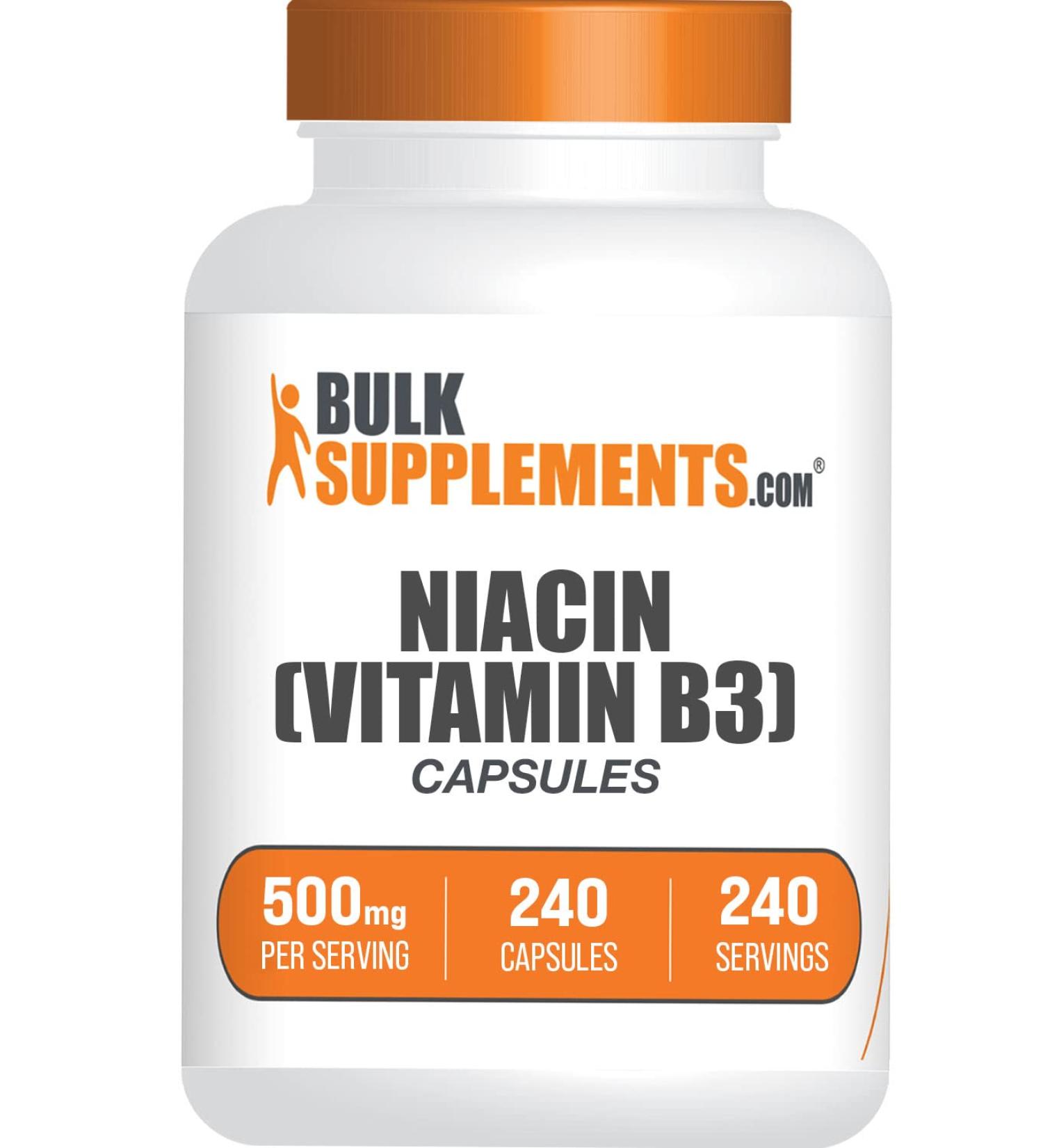 BulkSupplements Niacin Capsules 500mg - Vitamin B3 Supplement with Flushing - Nicotinic Acid - 240-Day Supply (240 Capsules) - Buy Online on GoSupps.com