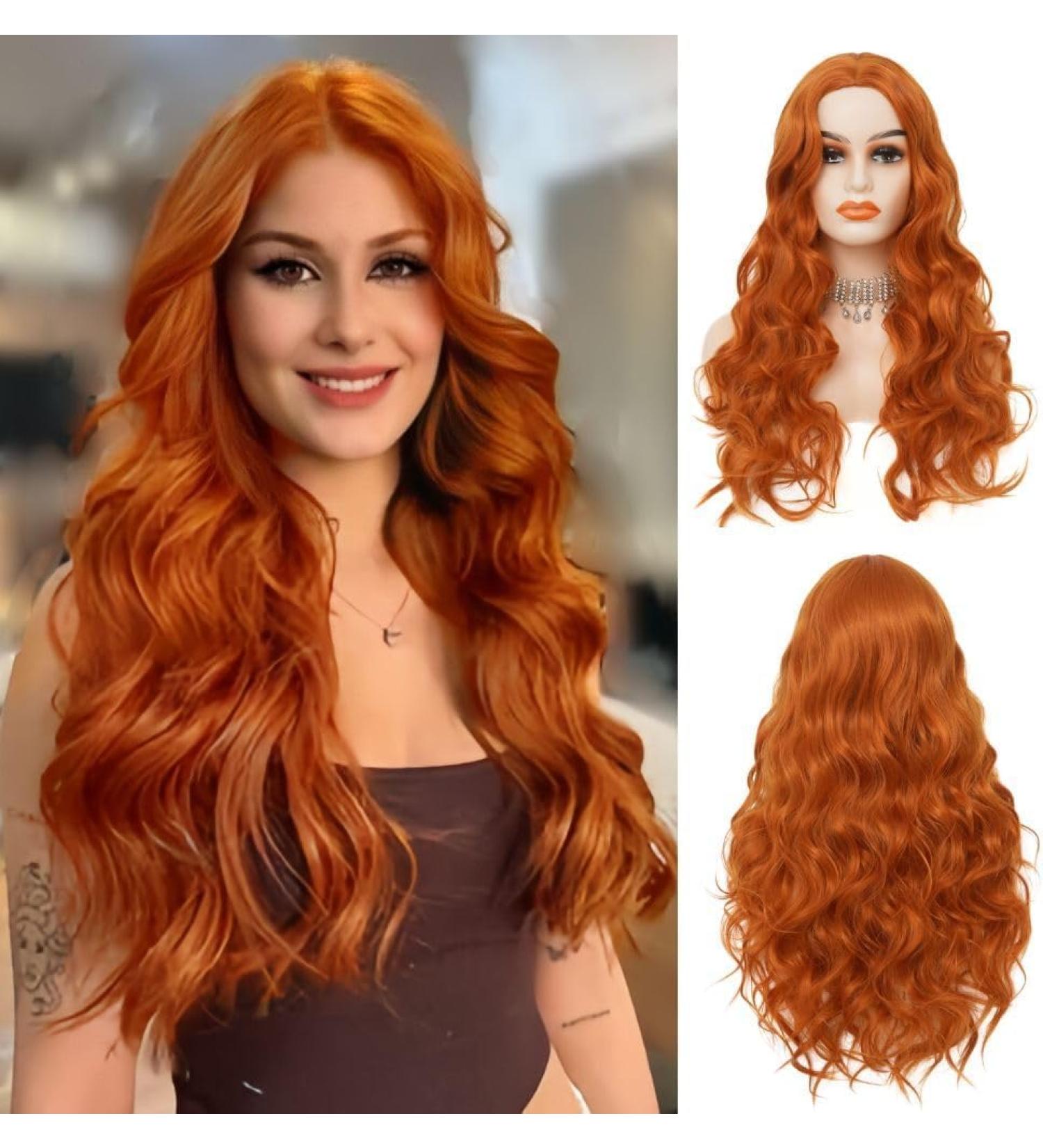 Orange Ginger Long Curly Wavy Wig for Women - Synthetic Copper Red Middle Part Wig for Daily & Party Use - Buy Online on GoSupps.com