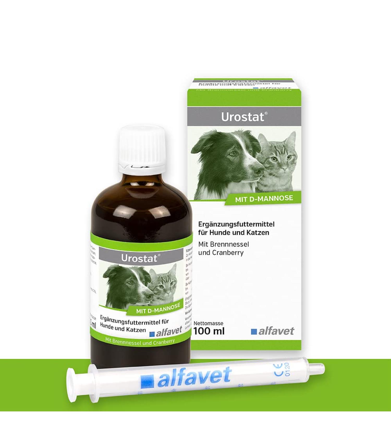 Alvafet Urostat supplementary feed to reduce urinary stone formation for dogs and cats with nettle and goldenrod 100ml dosing syringe
