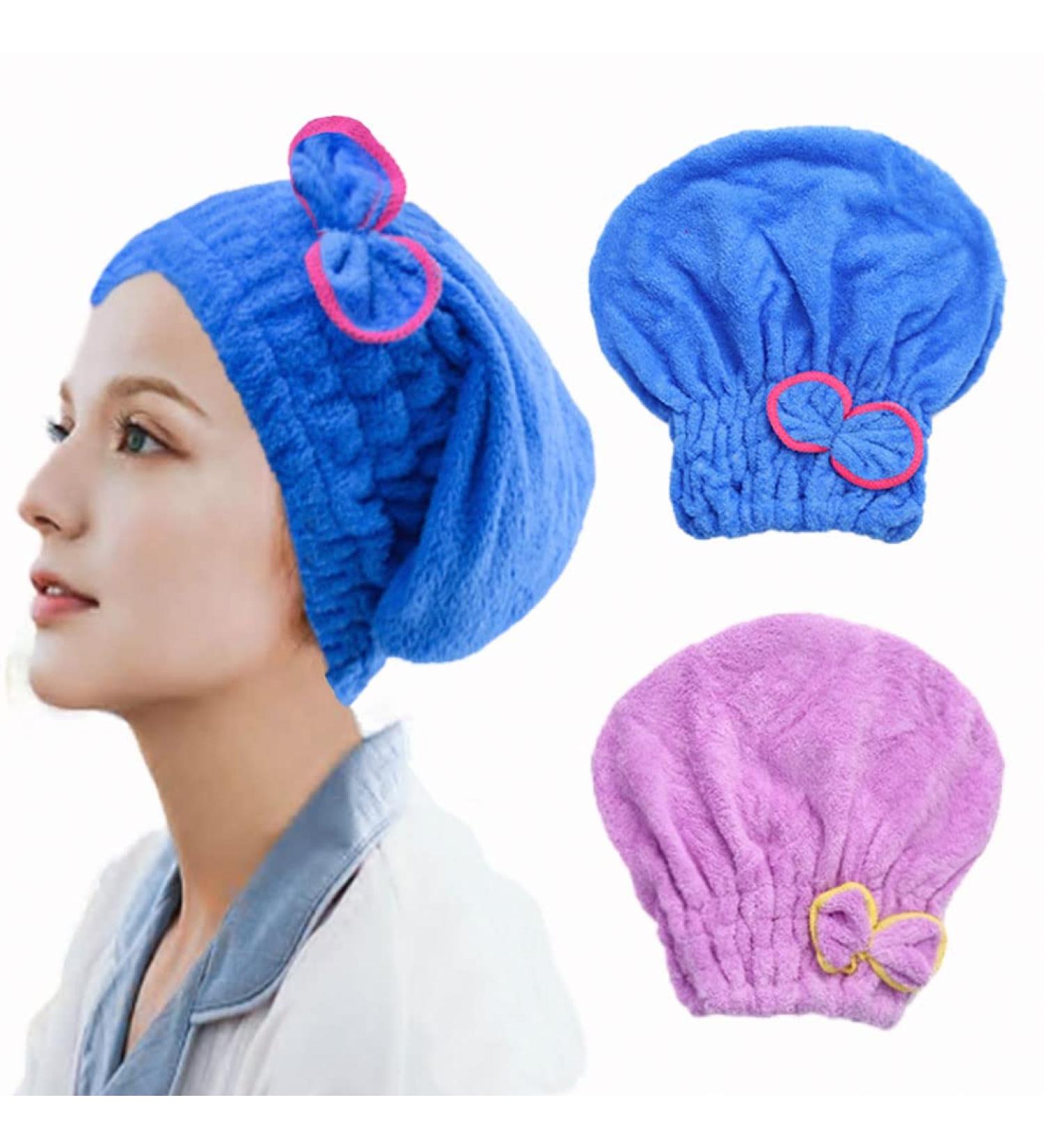 Haomye Microfiber Hair Drying Towel Set with Bow-Knot Shower Cap - Quick Dry Hair Turban for Women and Girls - 2Pcs (Blue & Purple) - Buy Online on GoSupps.com