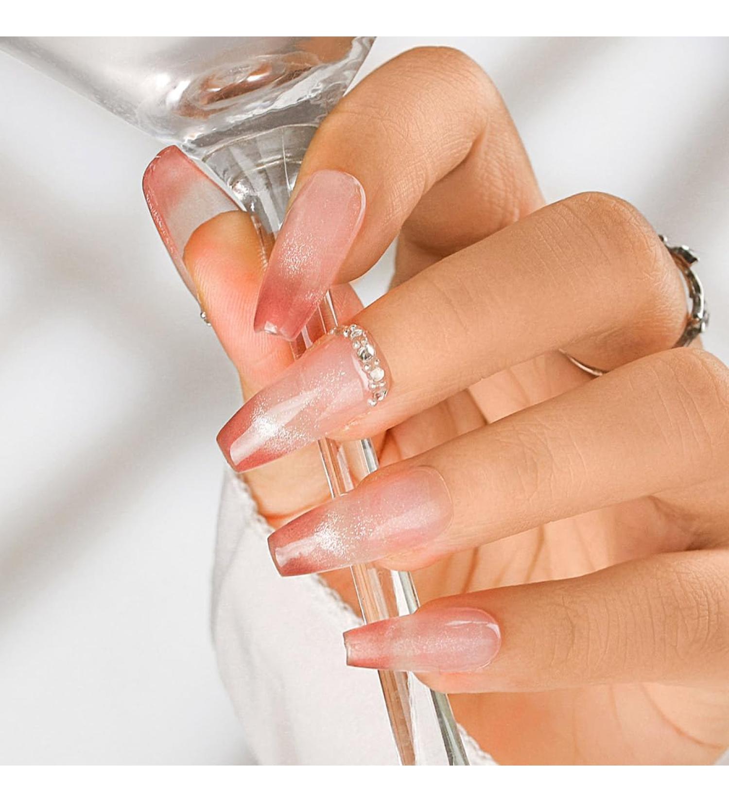 Sethexy Pink Gradient Long Coffin False Nails - Salon Quality Glitter Acrylic Nail Art for Women & Girls - Buy Online on GoSupps.com