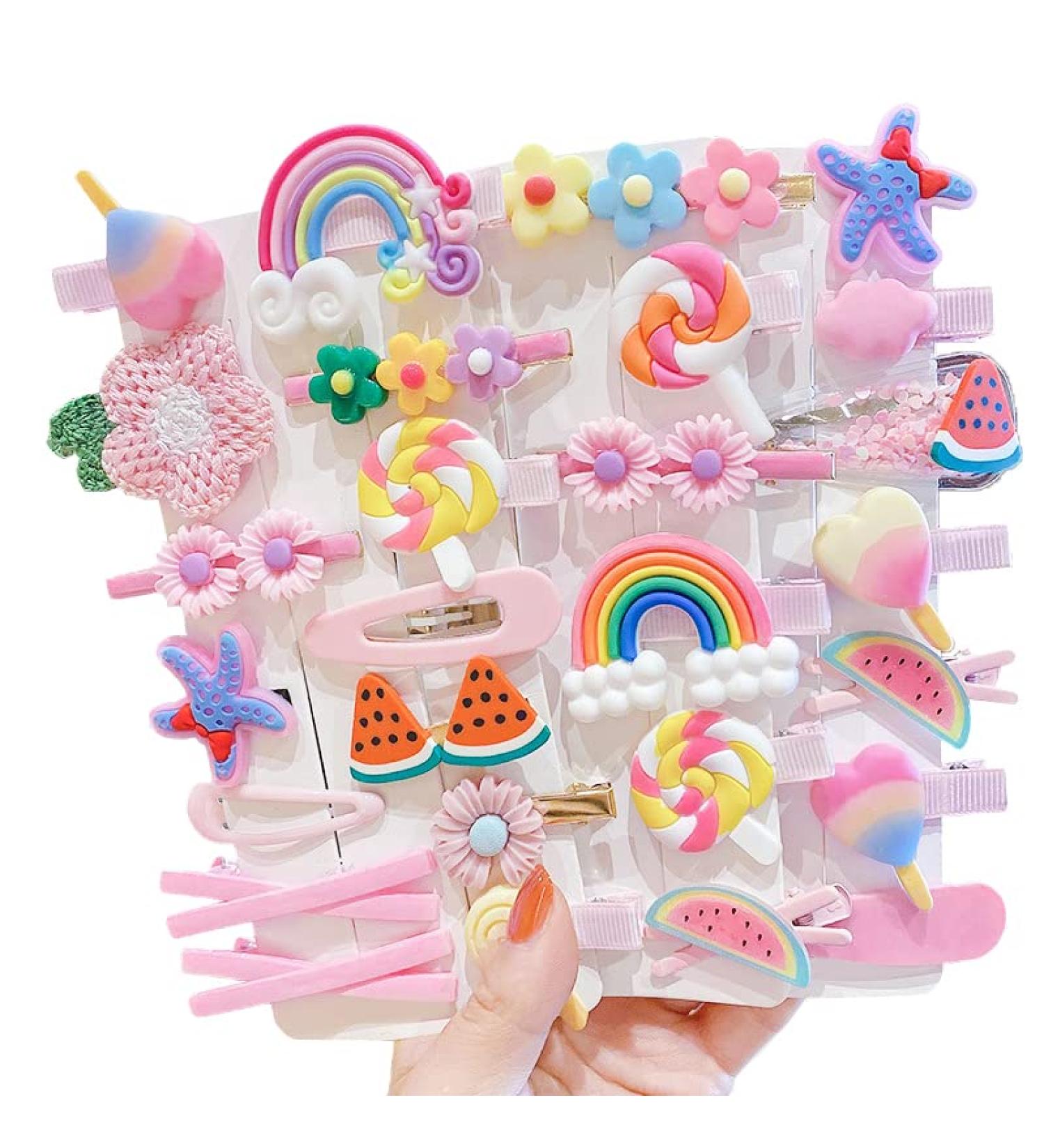 28 Colorful Sweet Hair Clips for Girls | Fashionable Floral & Fruit Hair Accessories | Cute Animal & Dessert Styles | Non-Slip Metal Buttons - Buy Online on GoSupps.com