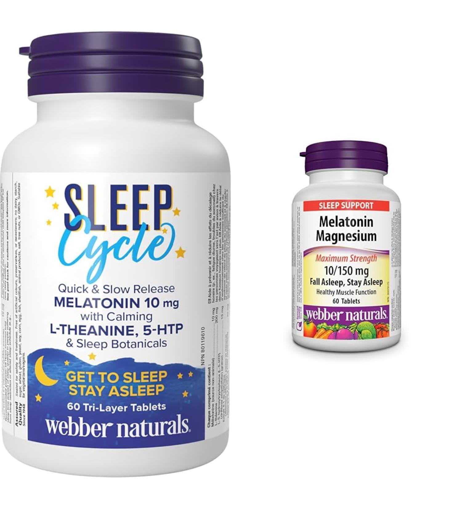 Webber Naturals Sleep Cycle Melatonin with L-Theanine 5-HTP & Sleep Botanicals & Melatonin 10 mg with 150 mg of Magnesium 60 Tablets For Sleep Support Muscle Function and Relaxation Vegan - Buy Online on GoSupps.com