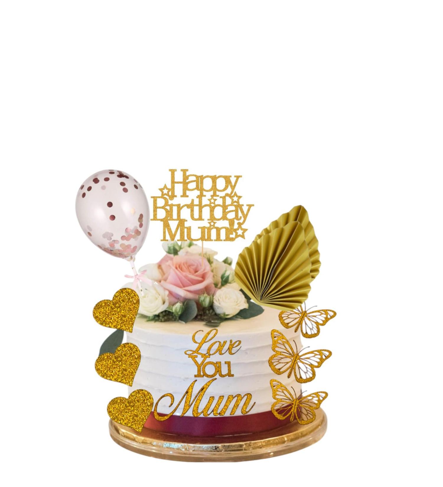12 Pcs Happy Birthday Mum Cake Toppers set Gold Cake Decorations Happy Birthday Cake Topper Palm Leaf Sequins Balloon Glitter Card Cake Toppers for Birthday Party Cake Decor (ROSE GOLD)