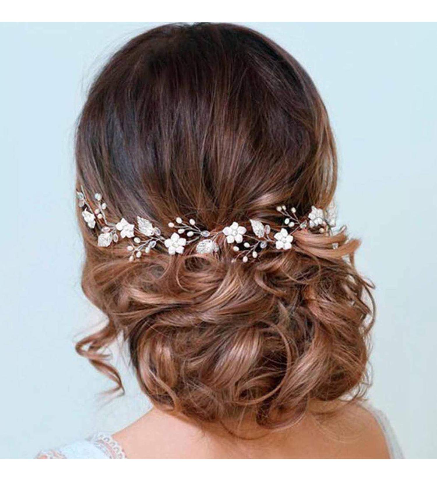 Handcess Flower Bride Wedding Hair Vine Pearl Headpiece Rhinestone Headband Leaf Bridal Hair Accessoreies for Women and Girls (Silver) - Buy Online on GoSupps.com