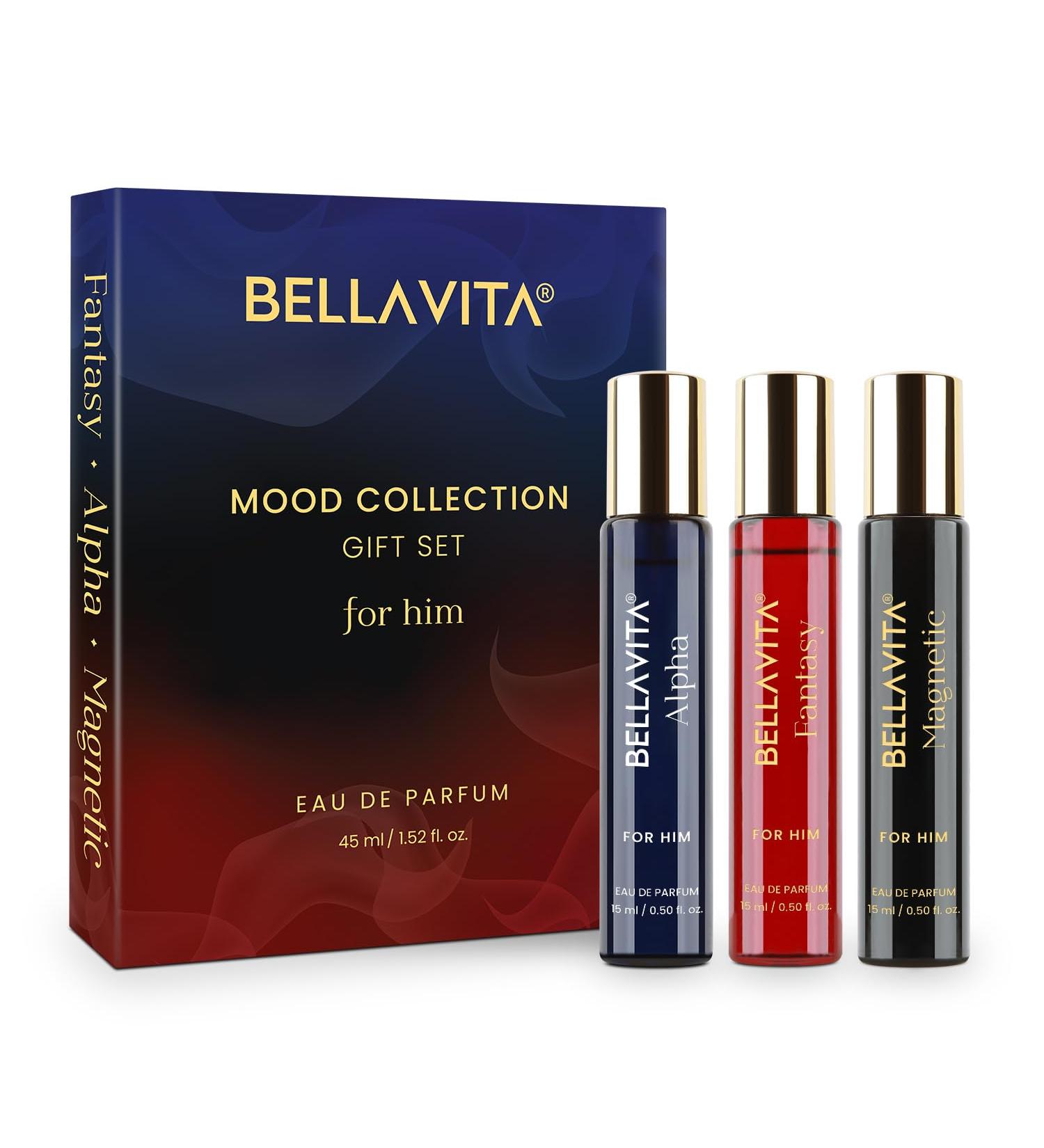 Bella'Vita Mood Collection Gift Set 3x15ML for Men | Alpha Fantasy & Magnetic EDP Liquid Perfume | with Vanilla Benzoin and Cedarwood | Fruity Woody Fresh Long Lasting Fragrance Scent Men mood collection gift set - Buy Online on GoSupps.com