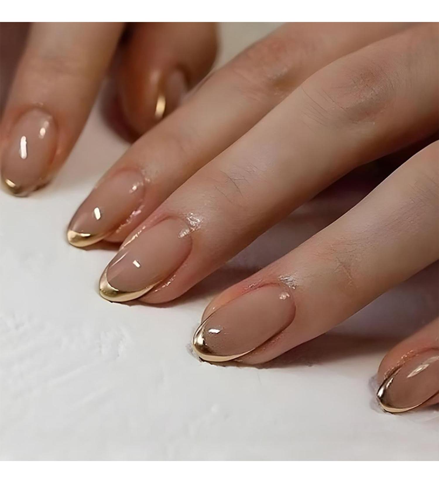 24 Pcs Gold French Tip Press On Nails - Short Oval Full Cover Fake Nails for Women & Girls - Nude Glossy Artificial Finger Manicure - Buy Online on GoSupps.com