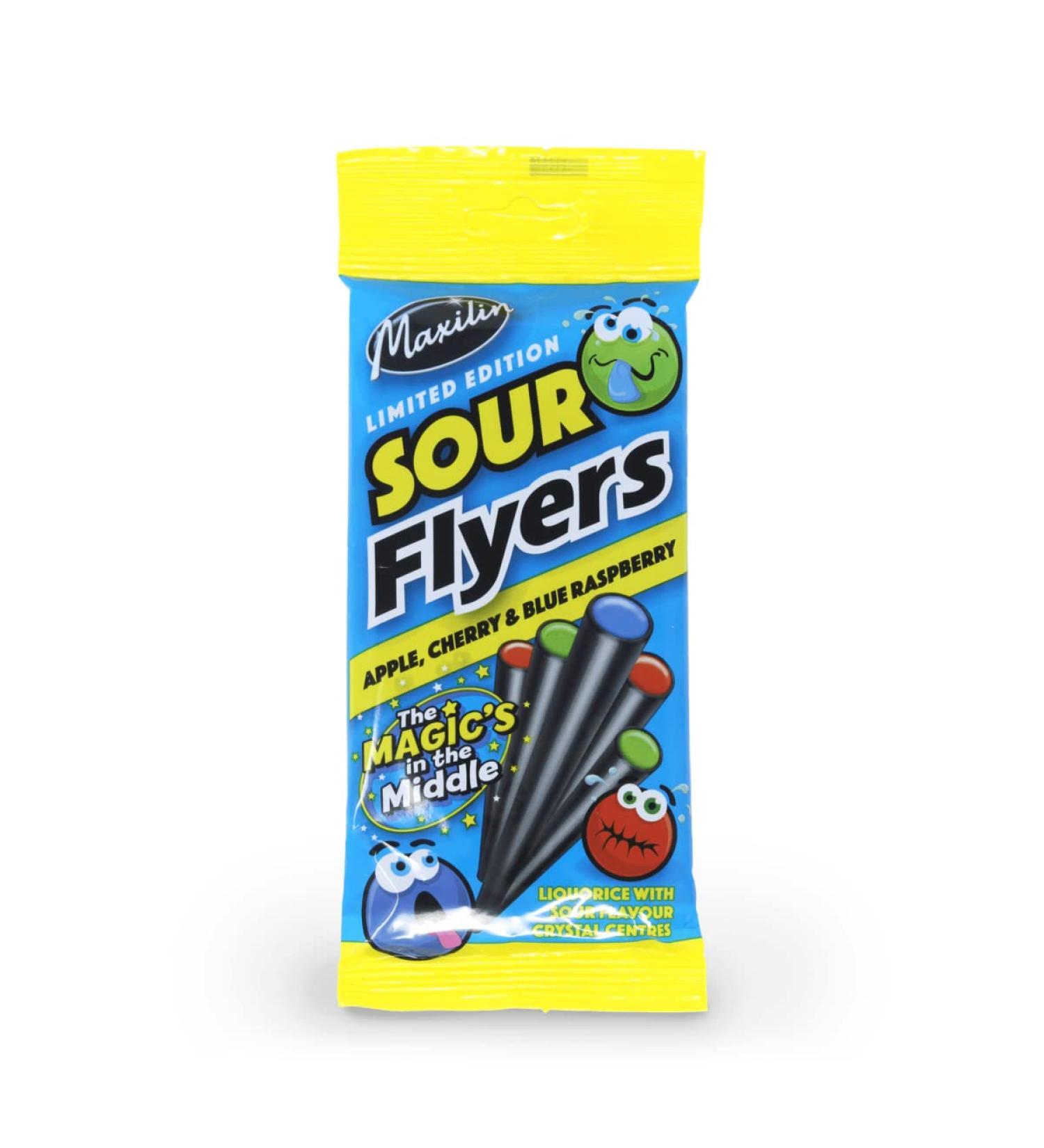 Maxilin Limited Edition Sour Liquorice Flyers Bag - 75g - Liquorice sticks filled with sour fruit flavoured crystallised sugar centres