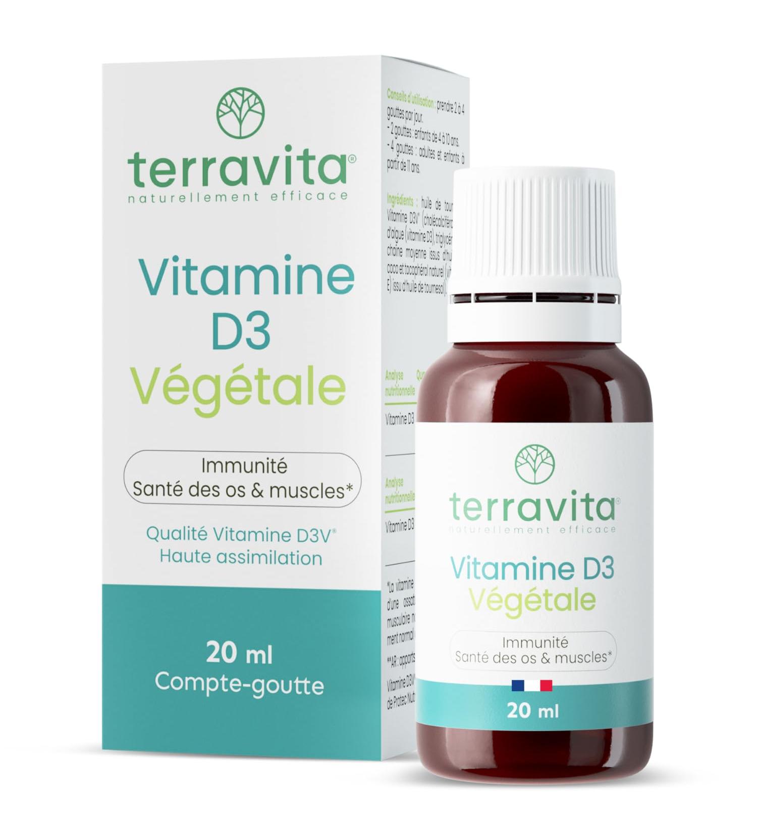 Vitamine D3 V g tale D3V | 2000 UI | Flacon de 20 ml | 8 Mois de Cure | Haute Absorption | Sant des Os & Immunit | Enfants et Adultes | Huile de Coco TCM | Vegan et Made in France | Terravita - Buy Online on GoSupps.com