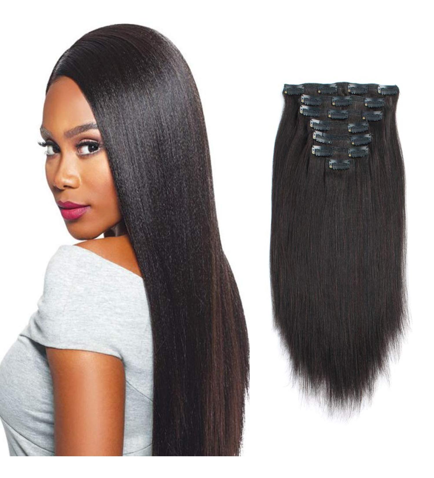 Sassina 10A Real Remy Thick Yaki Straight Clip in Hair Extension for Black Women 18 Inch Natural Color - 120g, 7 Pieces, Double Wefts - YS - Buy Online on GoSupps.com