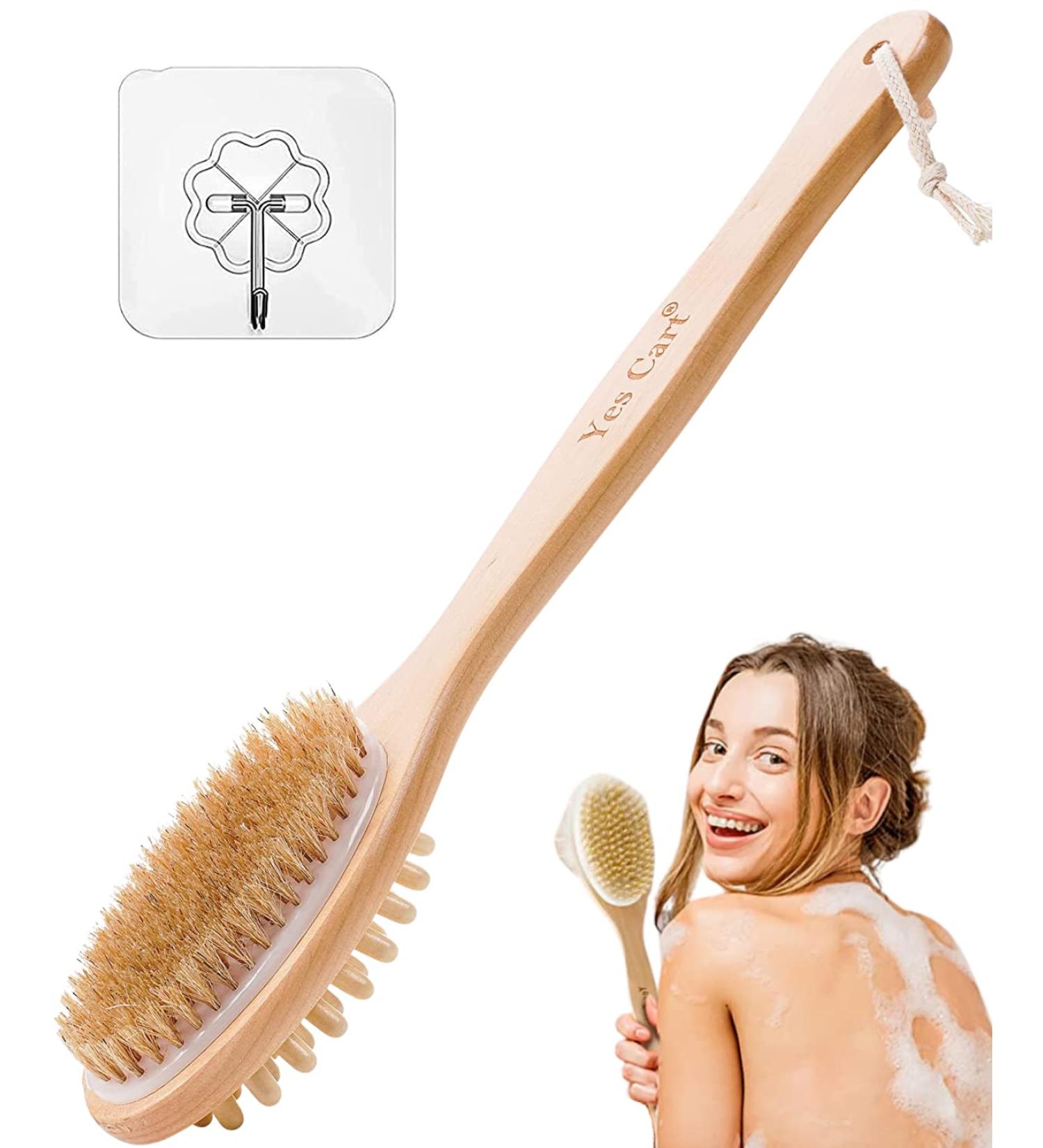 Soft 2-in-1 Shower Brush with Long Handle - Natural Bristles Bath Brush - 40cm Back Scrubber for Shower | Use in Shower - 1 Count - Buy Online on GoSupps.com