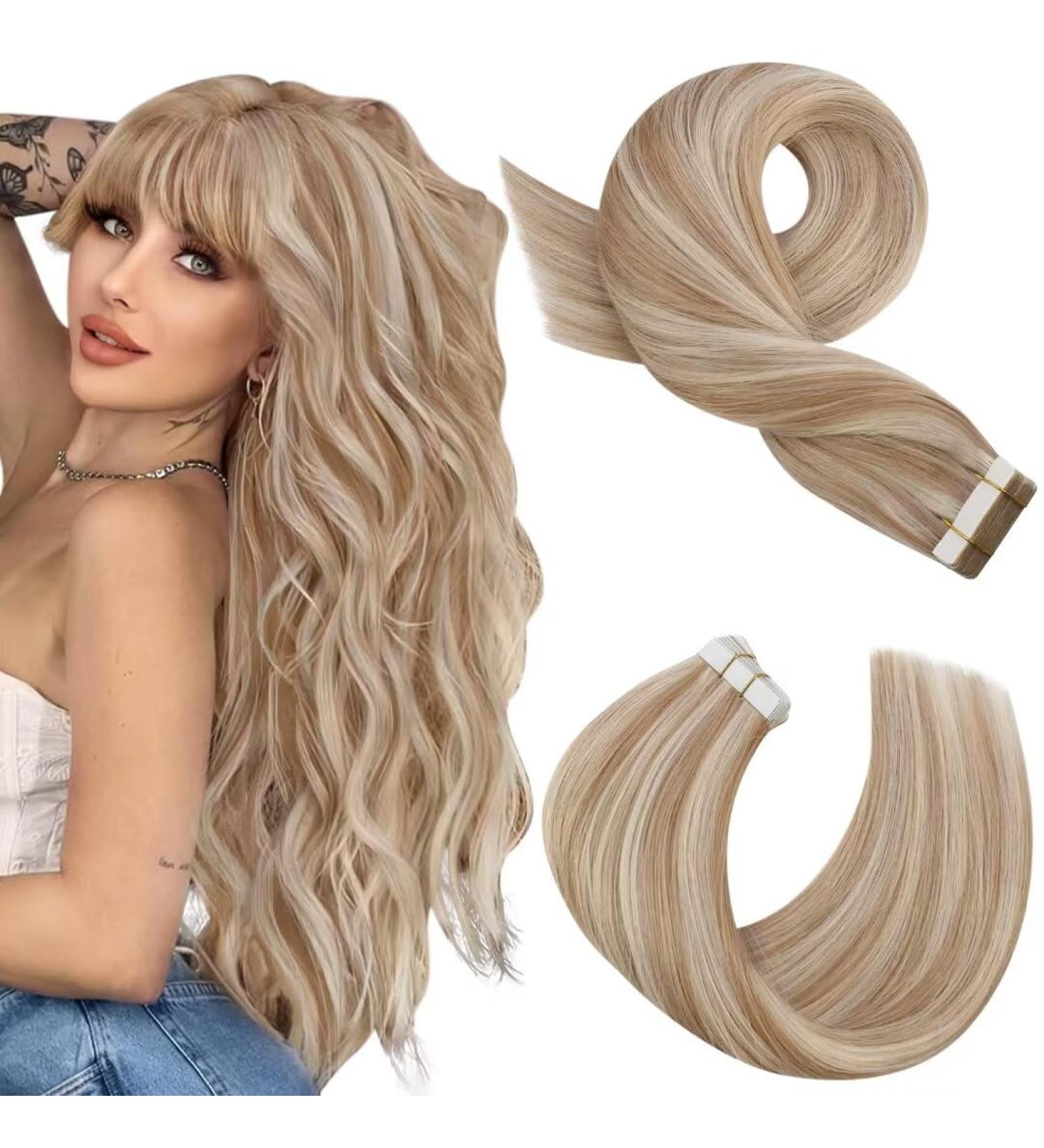 Moresoo 12 Tape In Extensions - #P14/613 Caramel & Platinum Blonde Real Human Hair - 20 Pieces 30g Silky Invisible Tape Extensions - Buy Online on GoSupps.com
