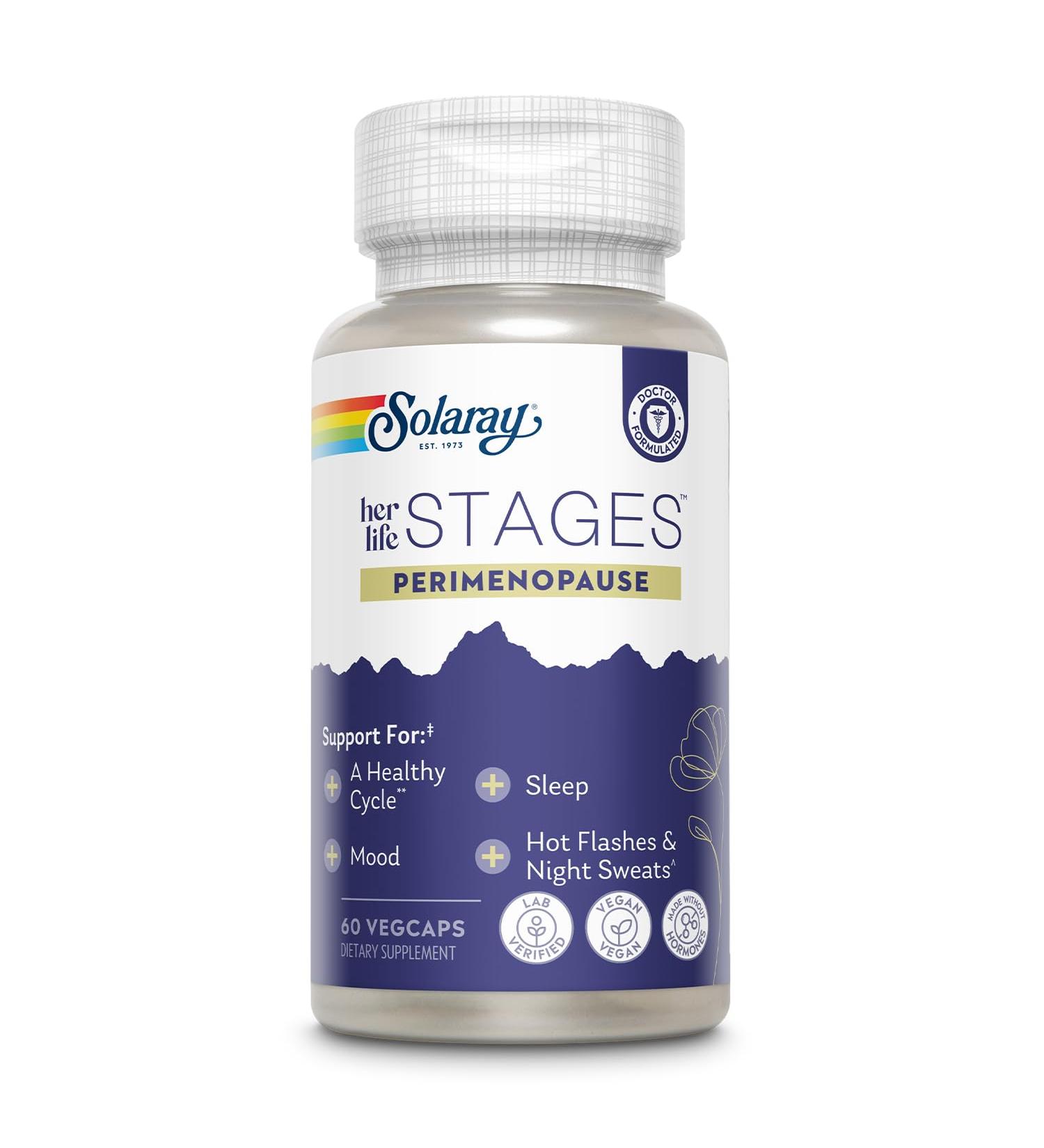 Solaray Perimenopause Supplements for Women | Hot Flashes Relief & Menopause Support | Saffron & Chasteberry | Hormone-Free | 60 VegCaps | 60-Day Guarantee - Buy Online on GoSupps.com