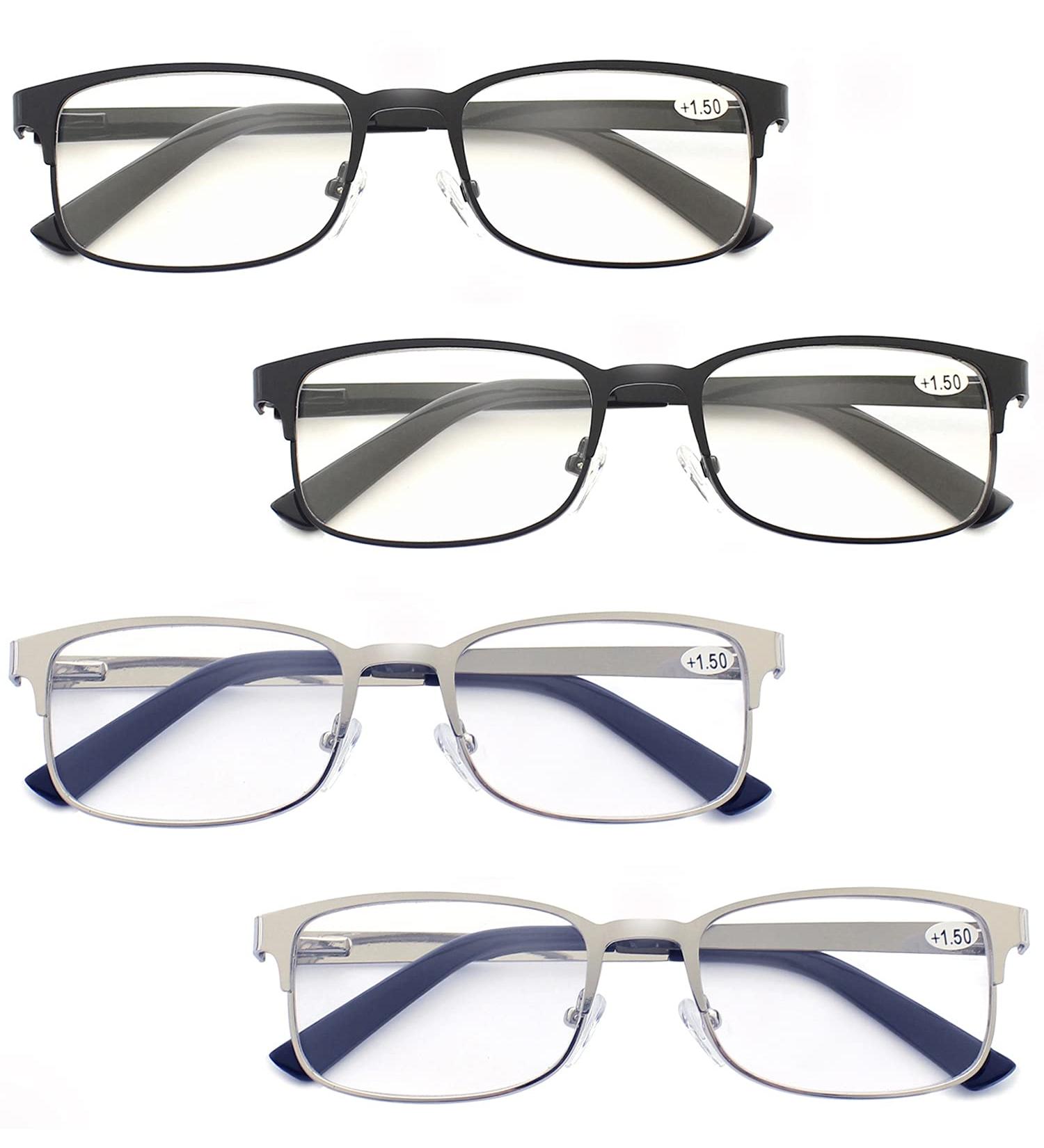 Men's Reading Glasses 4 Pack - Comfort Readers with Flexible Spring Hinge | Rectangle Metal Stainless Steel Eyeglasses in Black/Silver 2.0x - Buy Online on GoSupps.com