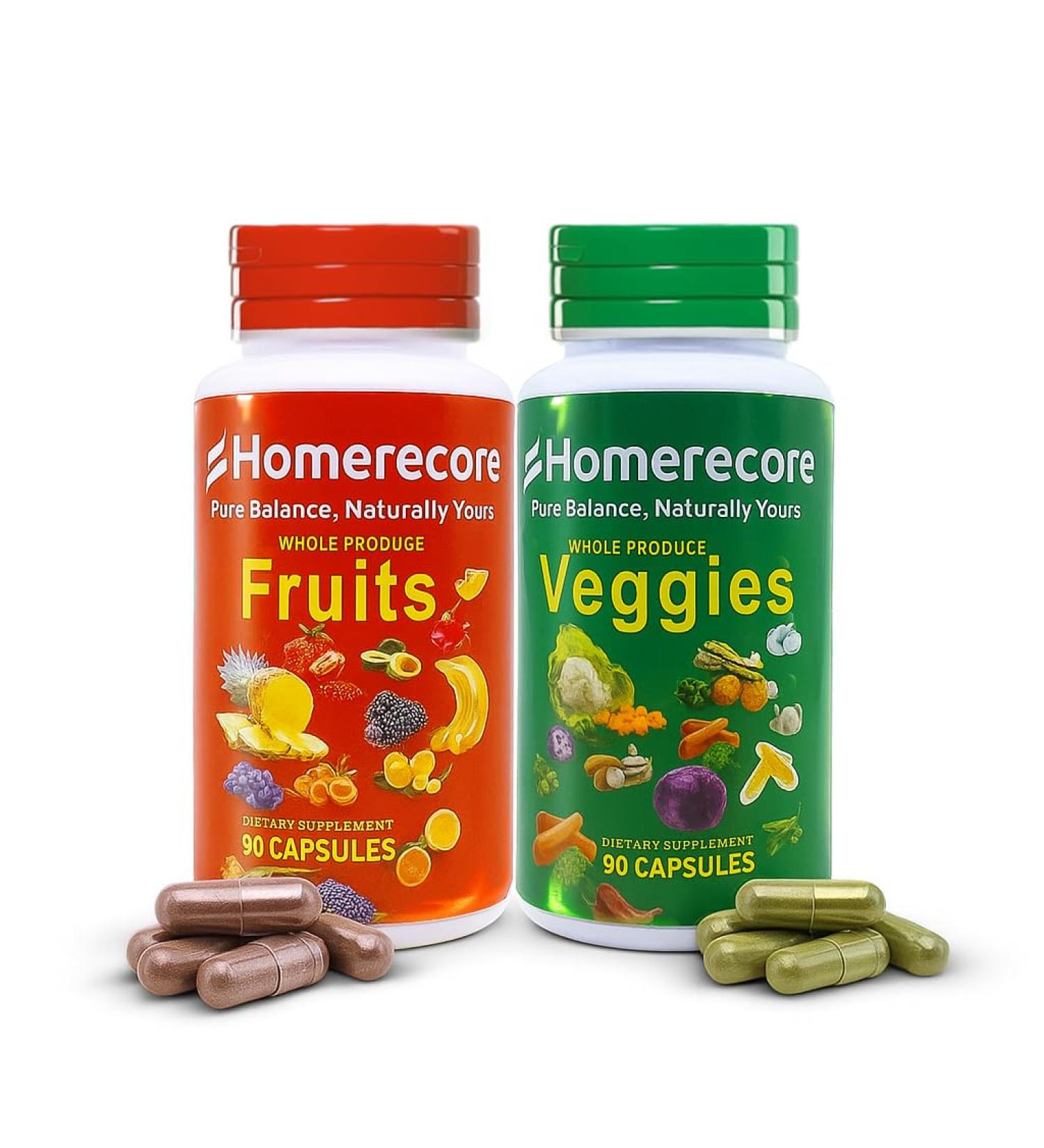 HOMERECORE Whole Food Fruits & Veggies Supplement Plant-Based Vegan Gluten-Free Soy-Free No Fillers Natural Superfoods Boost Energy & Immune System for Men & Women 90 Fruit & 90 Veggie Capsules - Buy Online on GoSupps.com