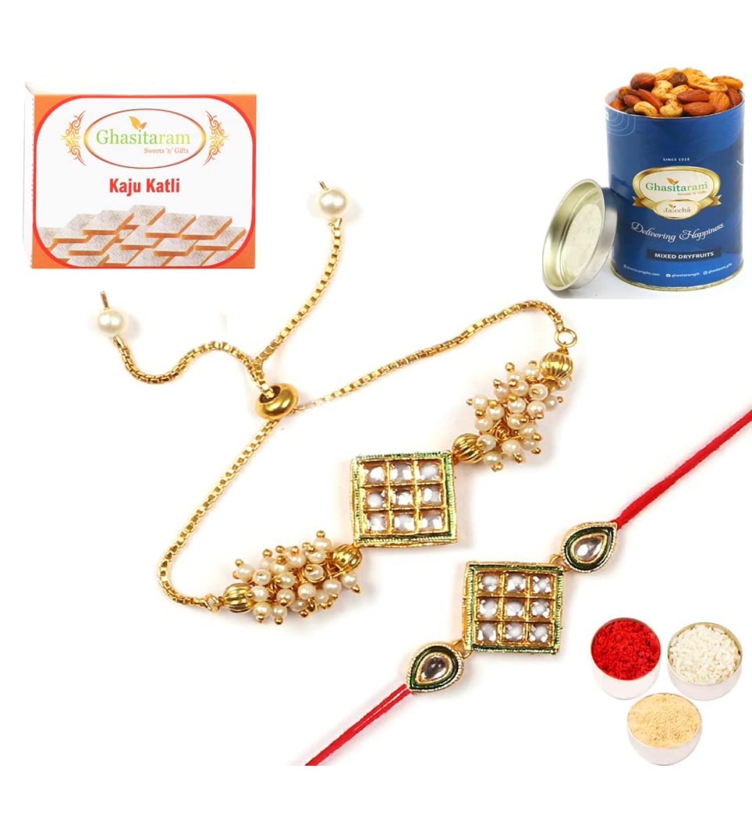 Ghasitaram Gifts Rakhis Online - Rakhi for Brother-RT- GR- Stone Bhaiya Bhabhi Rakhi with 100 GMS of Dryfruits Mix Can 200 GMS of Kaju katli Rakhi Set & 100g Dryfruits Mix Can 200g Kaju katli - Buy Online on GoSupps.com