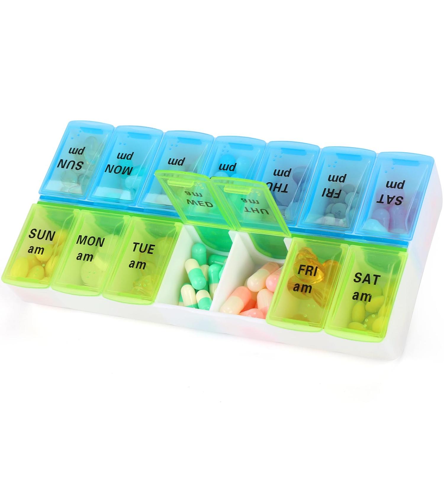 7 Day AM PM Pill Organizer - Large Weekly Pill Box for Vitamins & Medications | Blue & Green - Buy Online on GoSupps.com