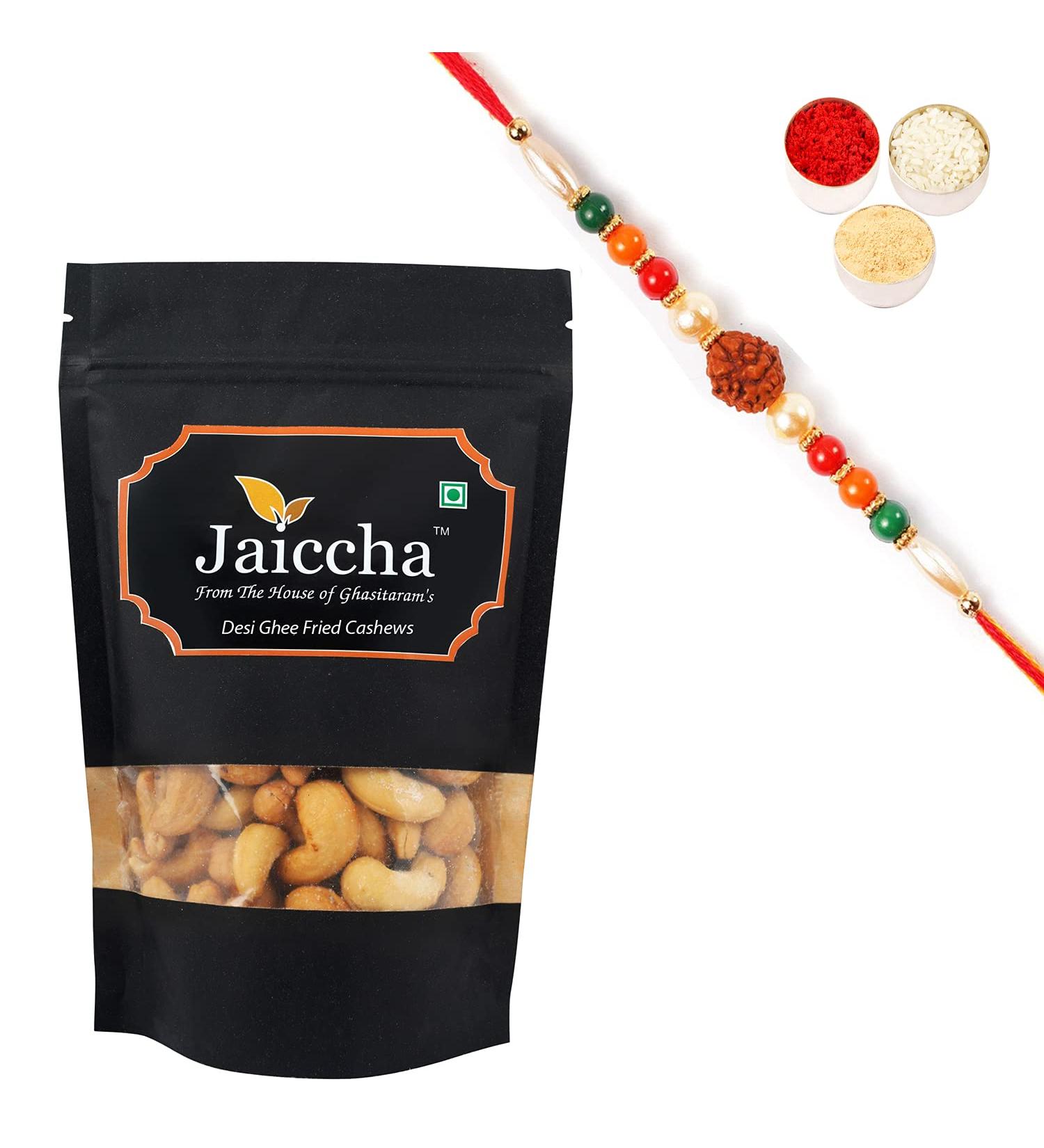 Jaiccha Ghasitaram Rakhi Gifts for Brothers Rakhi Dryfruits - Desi Ghee Fried Salted Cashews 200 GMS in Black Paper Pouch with Rudraksh Rakhi - Buy Online on GoSupps.com