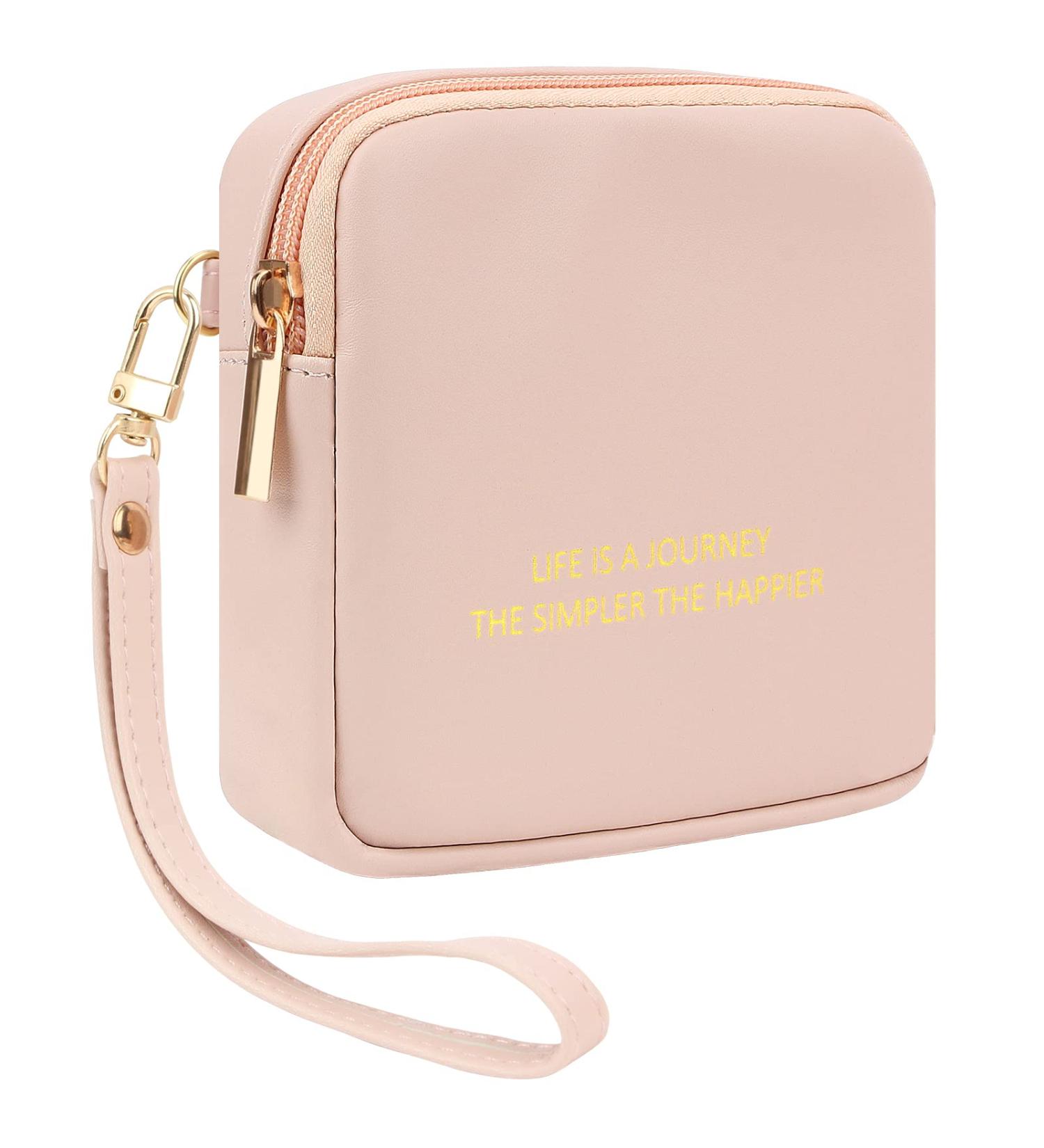 Wish Period Pouch: PU Leather Feminine Pads Storage Bag with Wrist Strap - Tampon Holder & Organizer for Teen Girls - Pink - Buy Online on GoSupps.com
