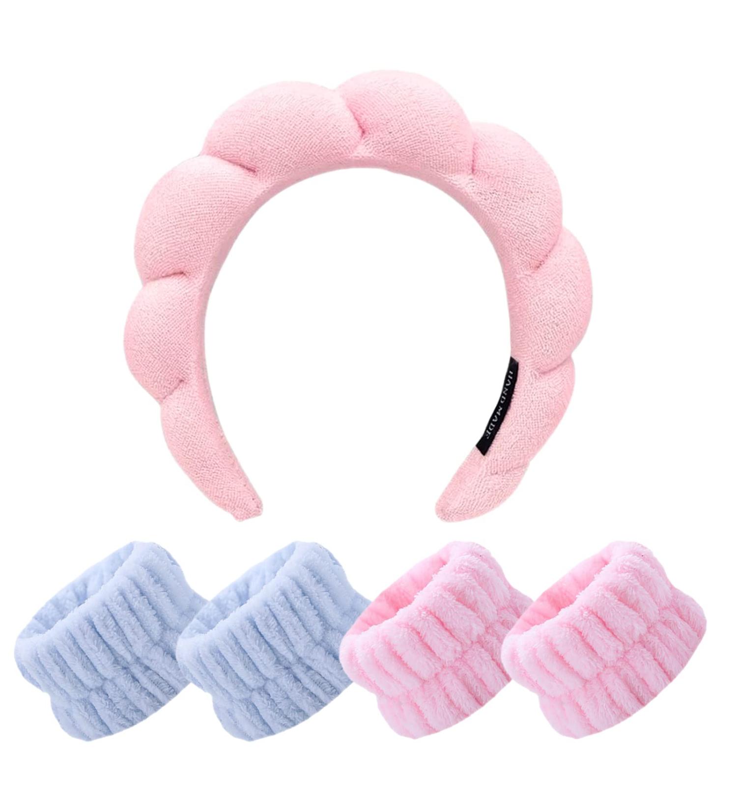 MOODKEY Pink Sponge Spa Headband for Women | Makeup Removal & Skincare | Hair Band & Accessories | 4Pcs Wristbands Included - Buy Online on GoSupps.com