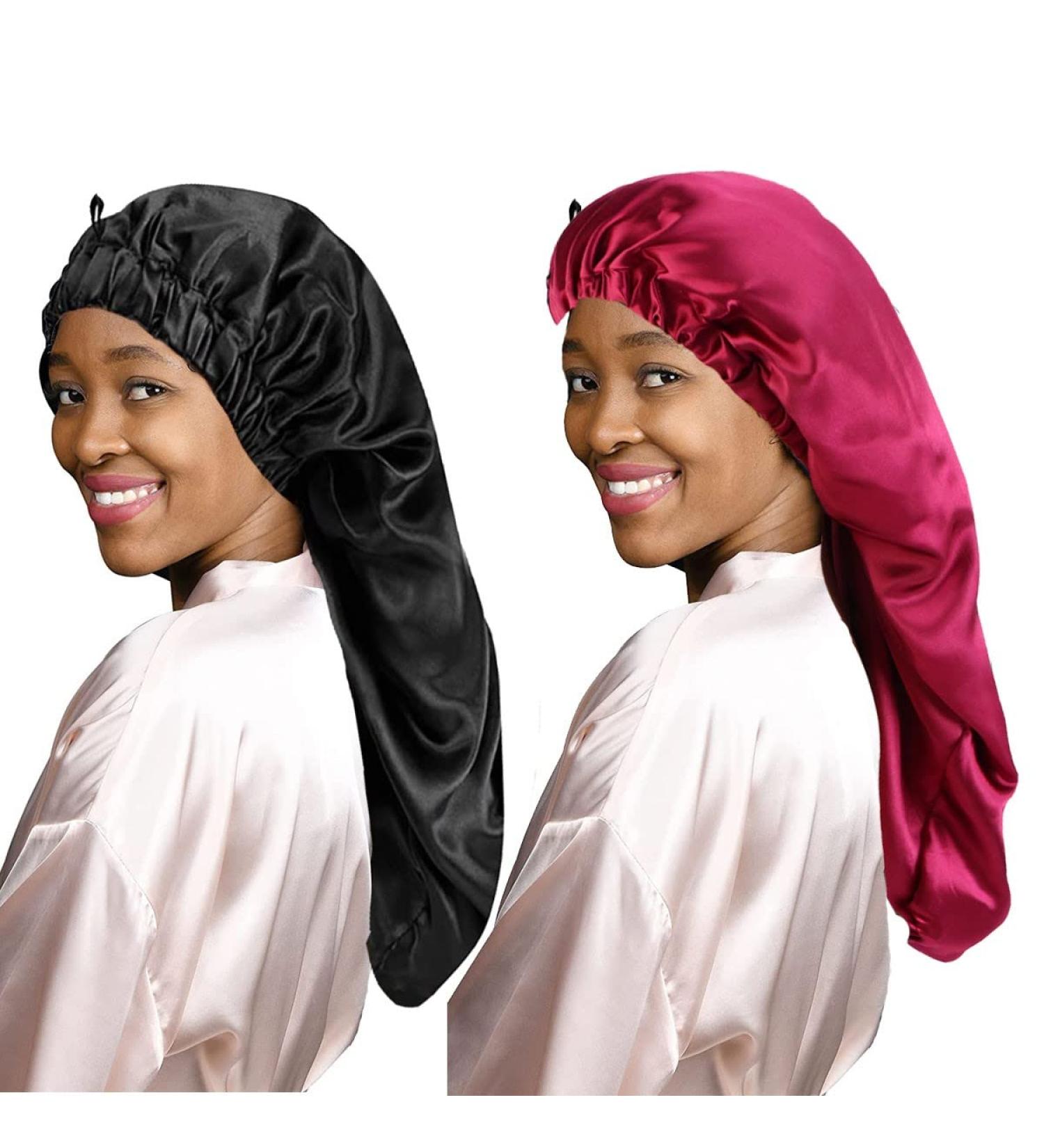 Ladaypoa Satin Hair Hood 2-Piece Silky Sleeping Hat Set for Girls & Women | Extra Large Black & Red Satin Sleeping Caps - Buy Online on GoSupps.com