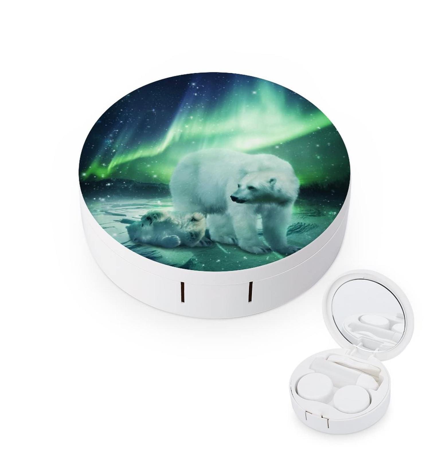 Northern Lights Polar Bear Round Case For Contact Lens Kit Storage Box with Mirror Printed - Buy Online on GoSupps.com