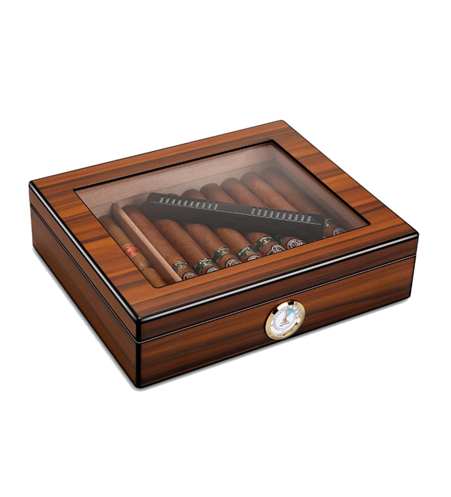 Cigar Humidor with Humidifier Hygrameter Cedar Wood Travel Cigar Case Glass Top Desktop Humidor Case Cigar Box with Divider Hold 35 Cigars - Buy Online on GoSupps.com