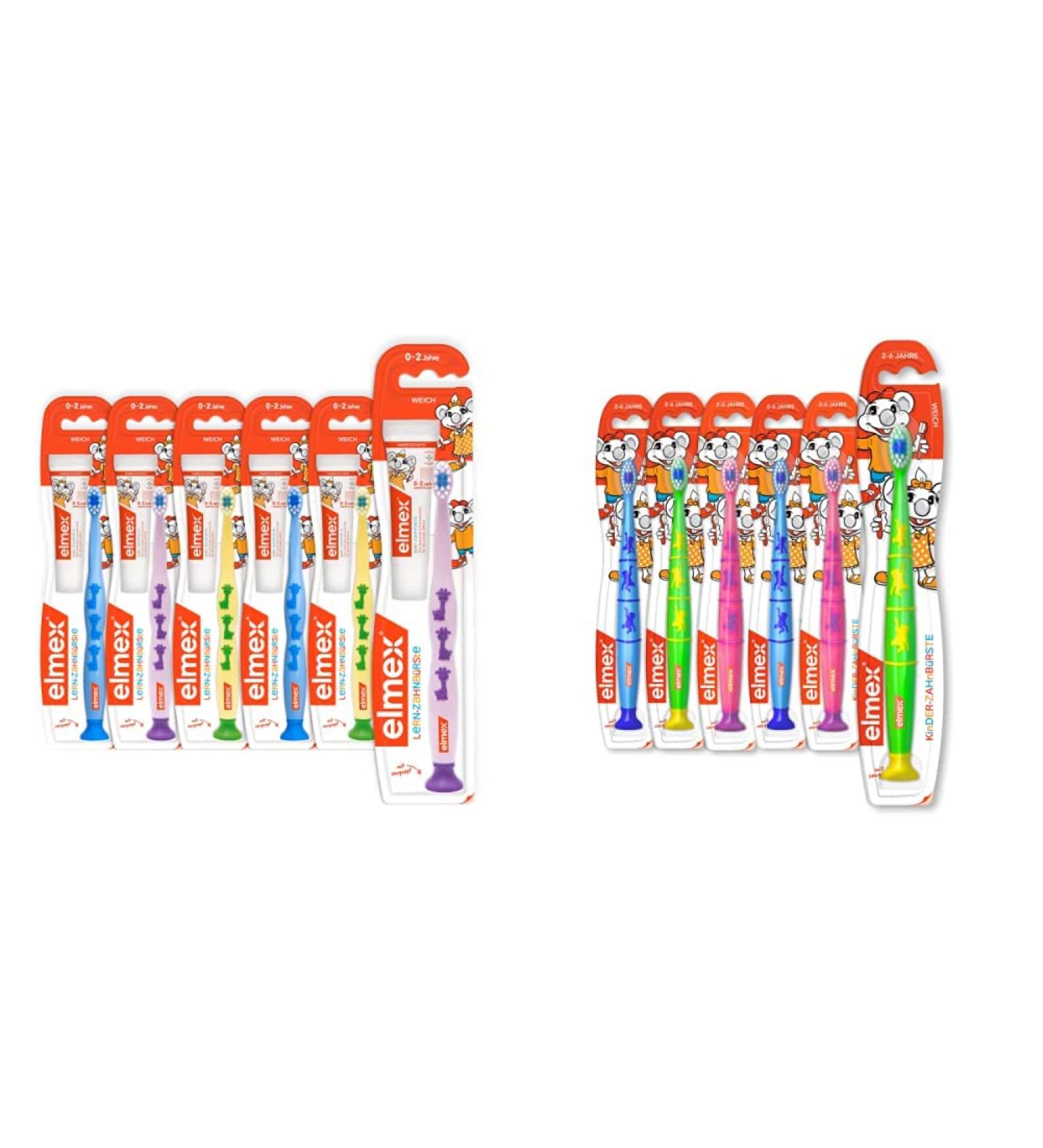 Elmex learning toothbrush soft 6 pieces-toothbrush for children from 0-2 years with baby toothpaste 20 ml & children toothbrush 2-6 years 6 pieces-manual toothbrush with suction cup soft bristles